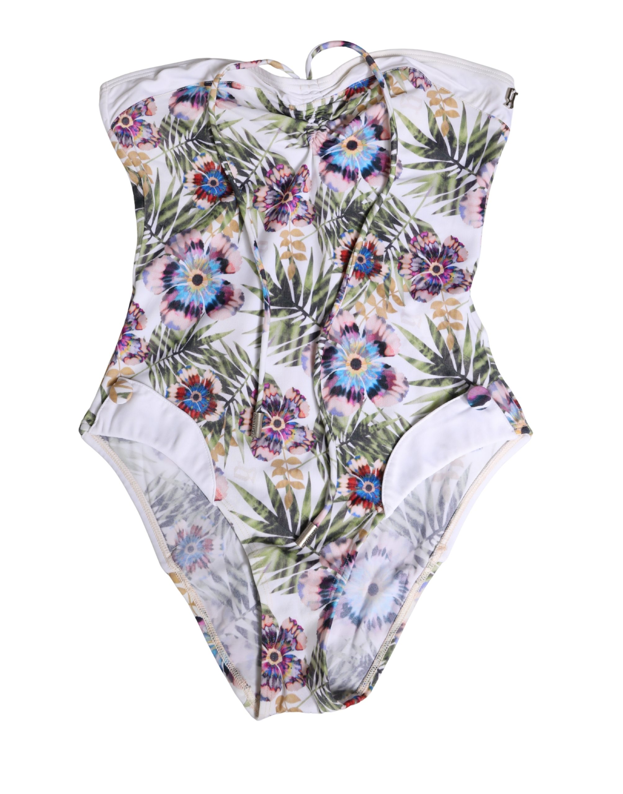 John Galliano White Floral Print Strapless One-Piece Swimsuit Swimwear - Image 2