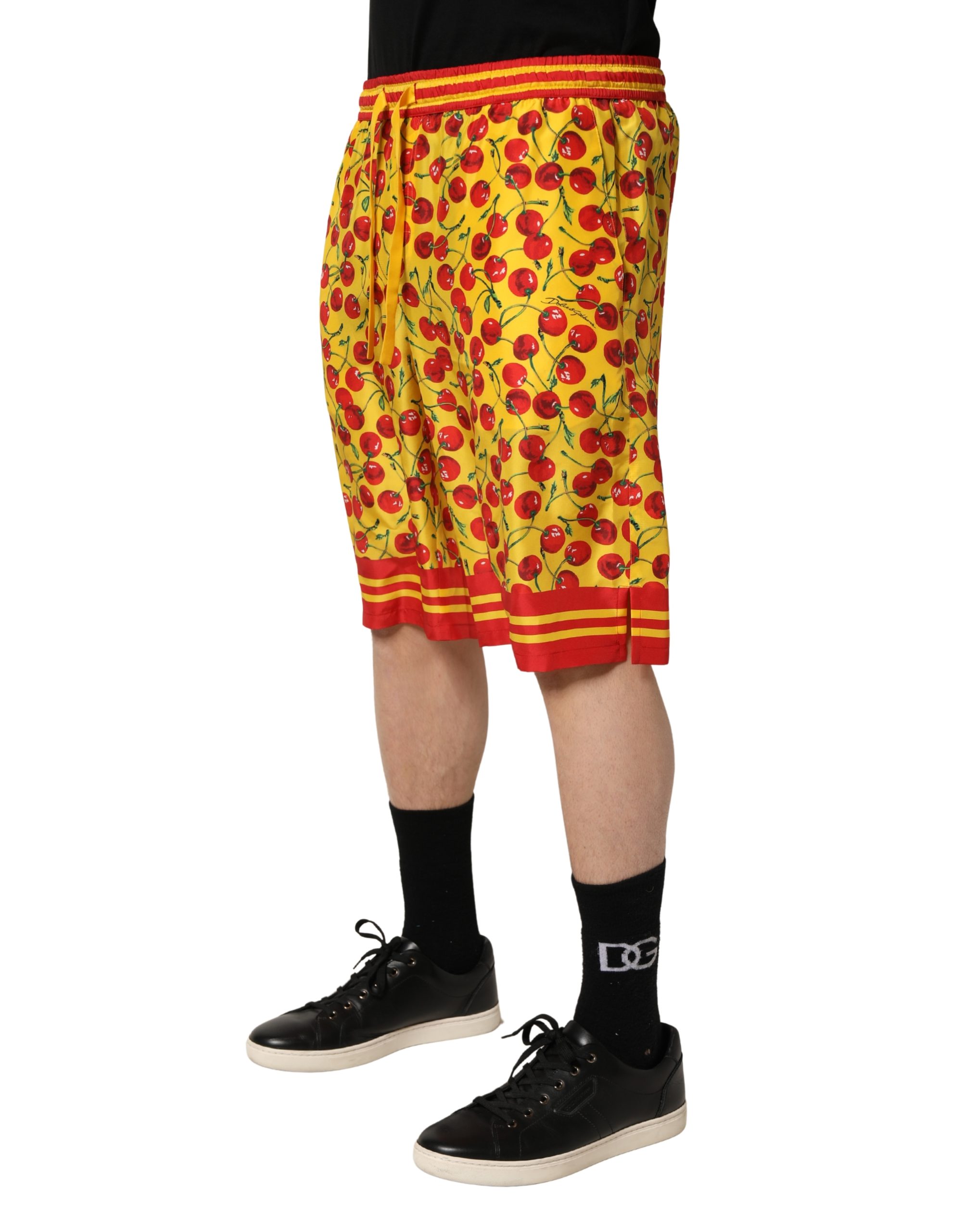 Dolce & Gabbana Yellow Red Cherry Print Silk Bermuda Shorts - Image 4