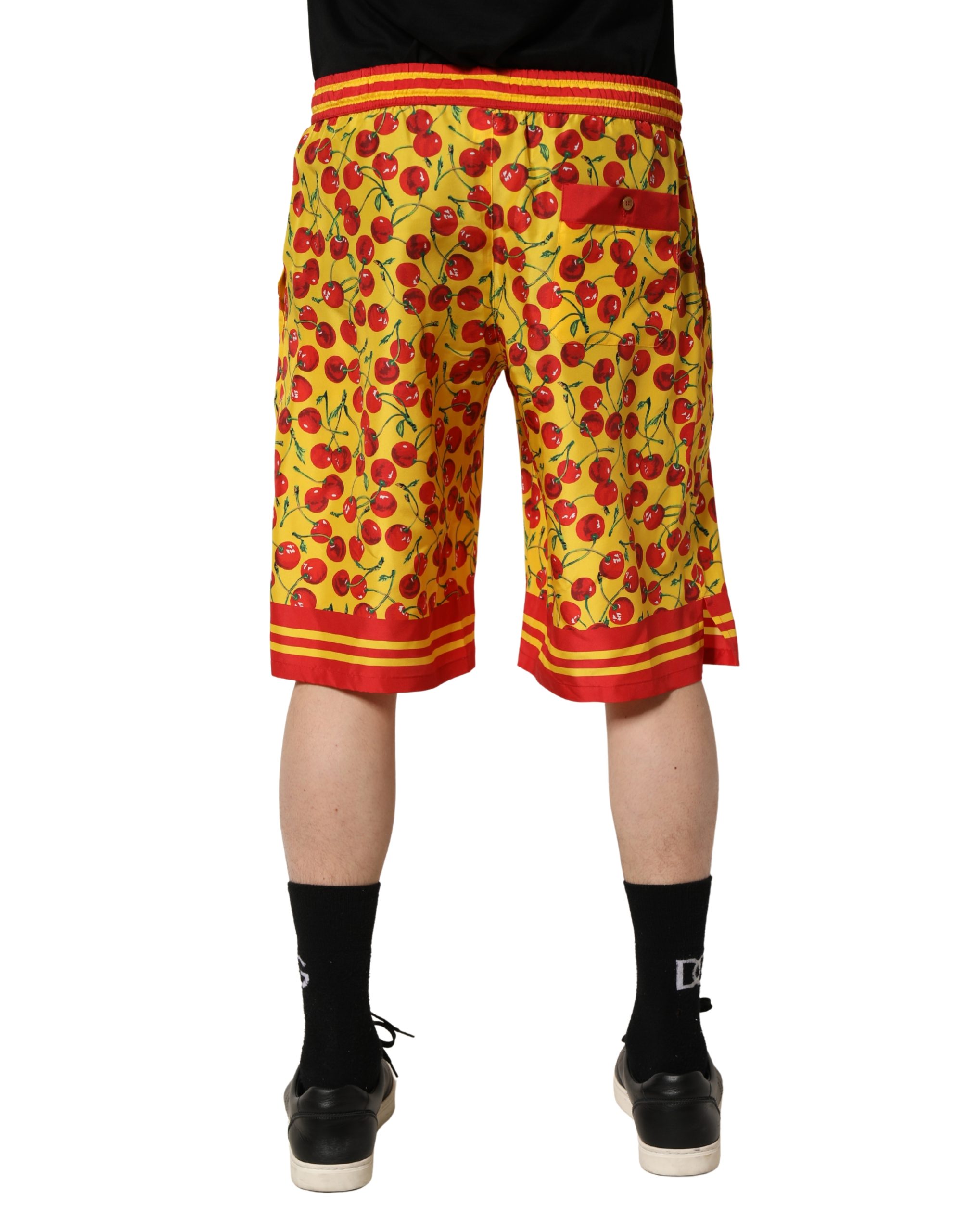 Dolce & Gabbana Yellow Red Cherry Print Silk Bermuda Shorts - Image 3