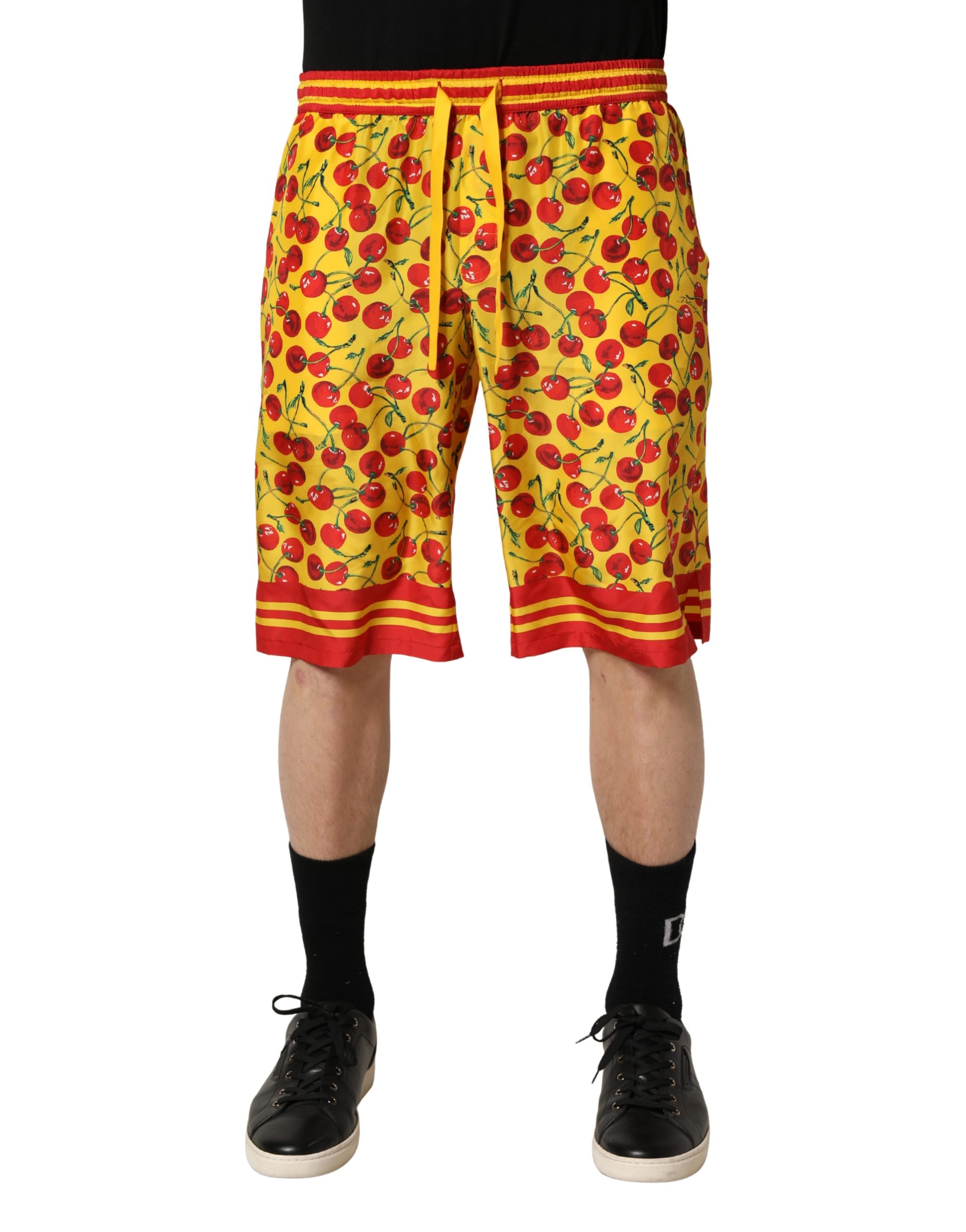 Dolce & Gabbana Yellow Red Cherry Print Silk Bermuda Shorts - Image 2