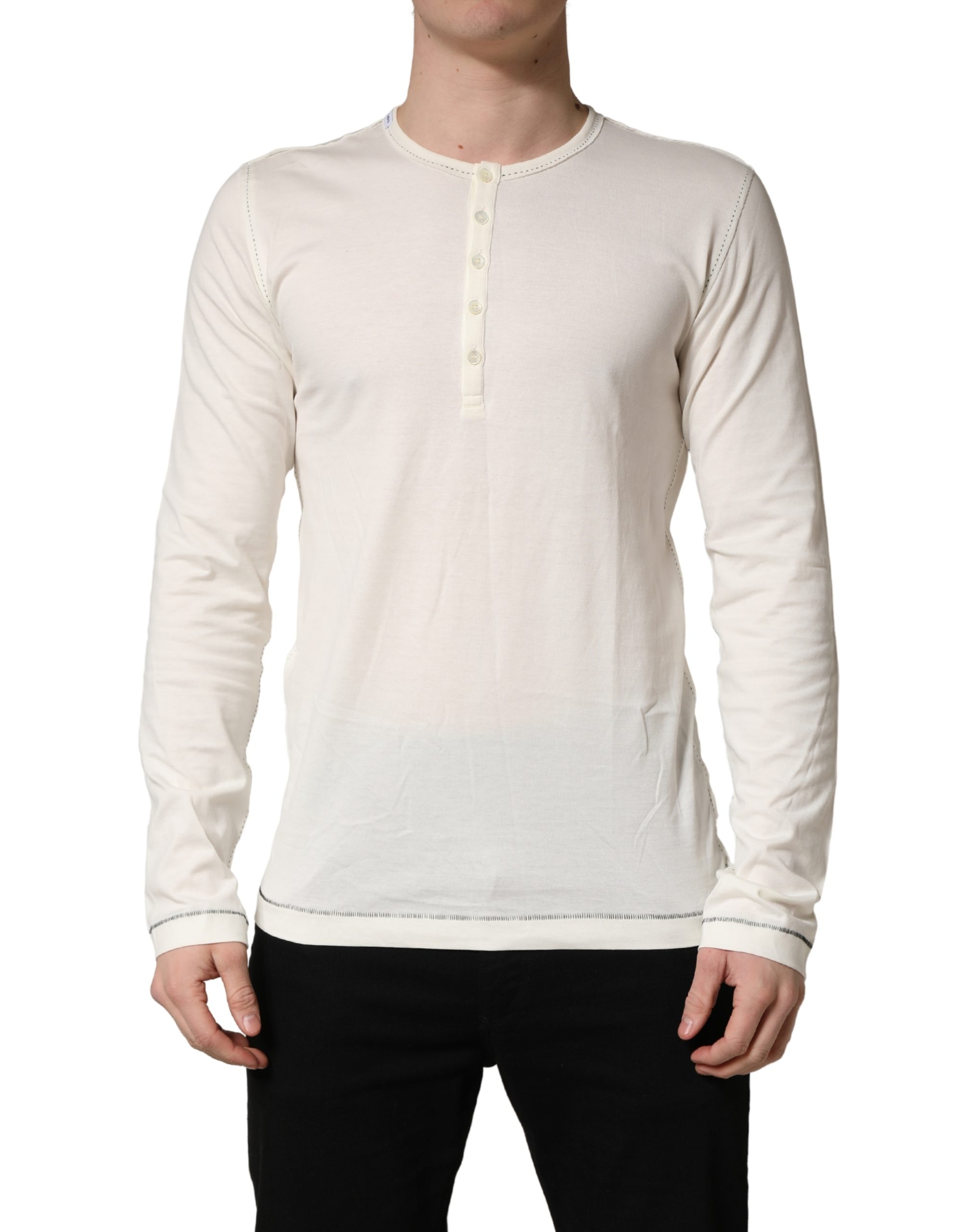 Dolce & Gabbana White Long Sleeves Henley Pullover Sweater - Image 2