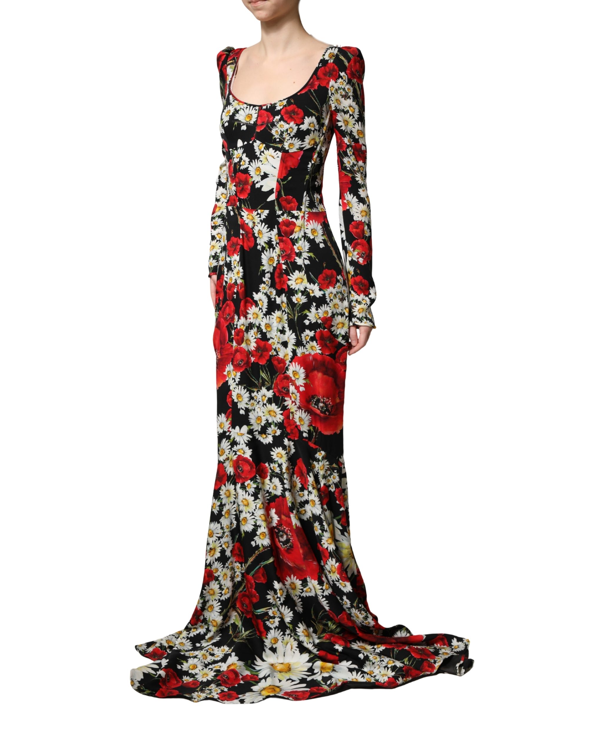 Dolce & Gabbana Black Floral Silk Long Sleeves Gown Dress - Image 3