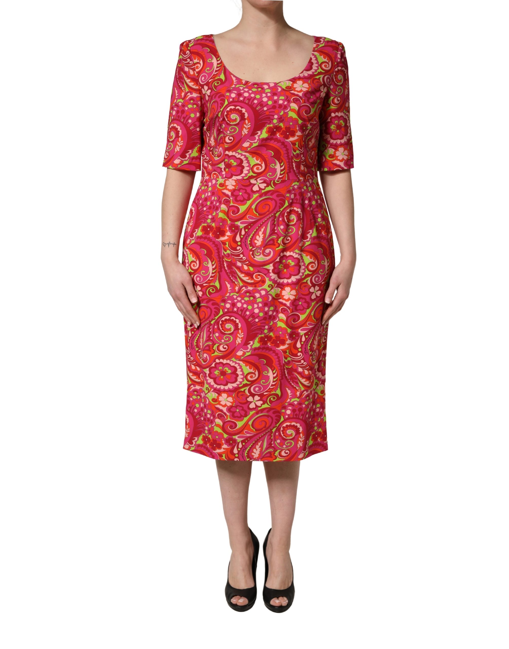 Dolce & Gabbana Red Paisley Floral Print Sheath Midi Dress - Image 2