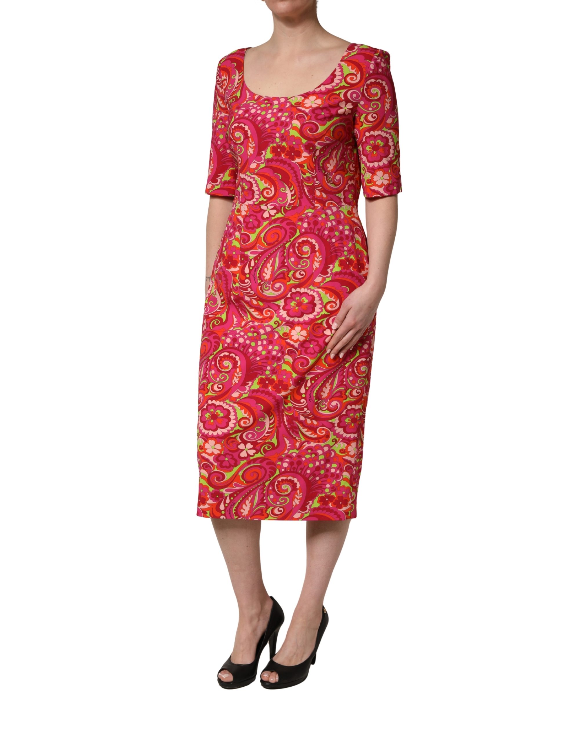 Dolce & Gabbana Red Paisley Floral Print Sheath Midi Dress - Image 3
