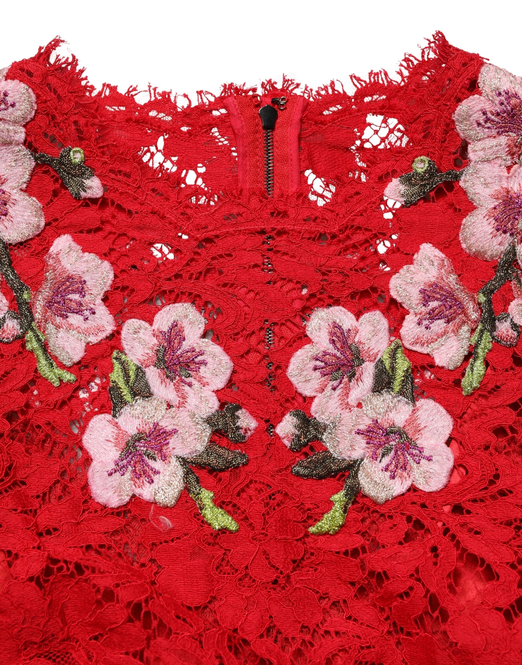 Dolce & Gabbana Red Lace Floral Embroidery Long Sleeves Top - Image 7