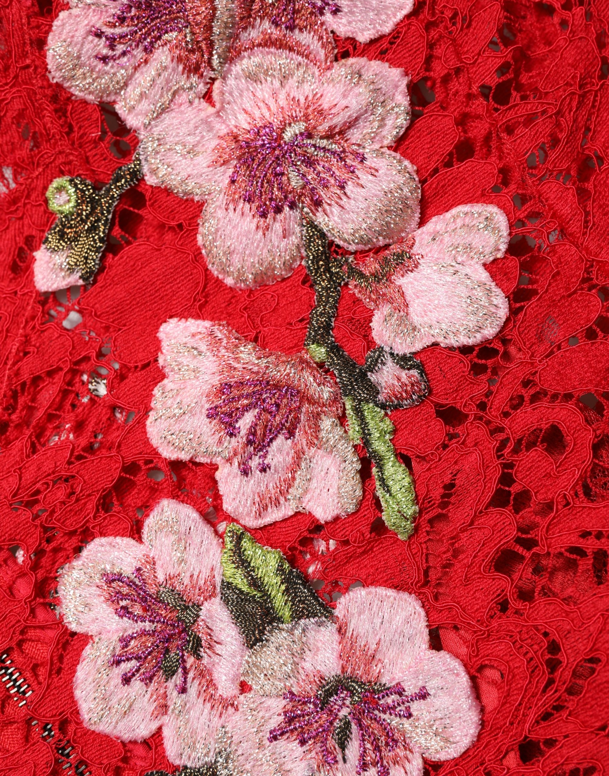 Dolce & Gabbana Red Lace Floral Embroidery Long Sleeves Top - Image 8