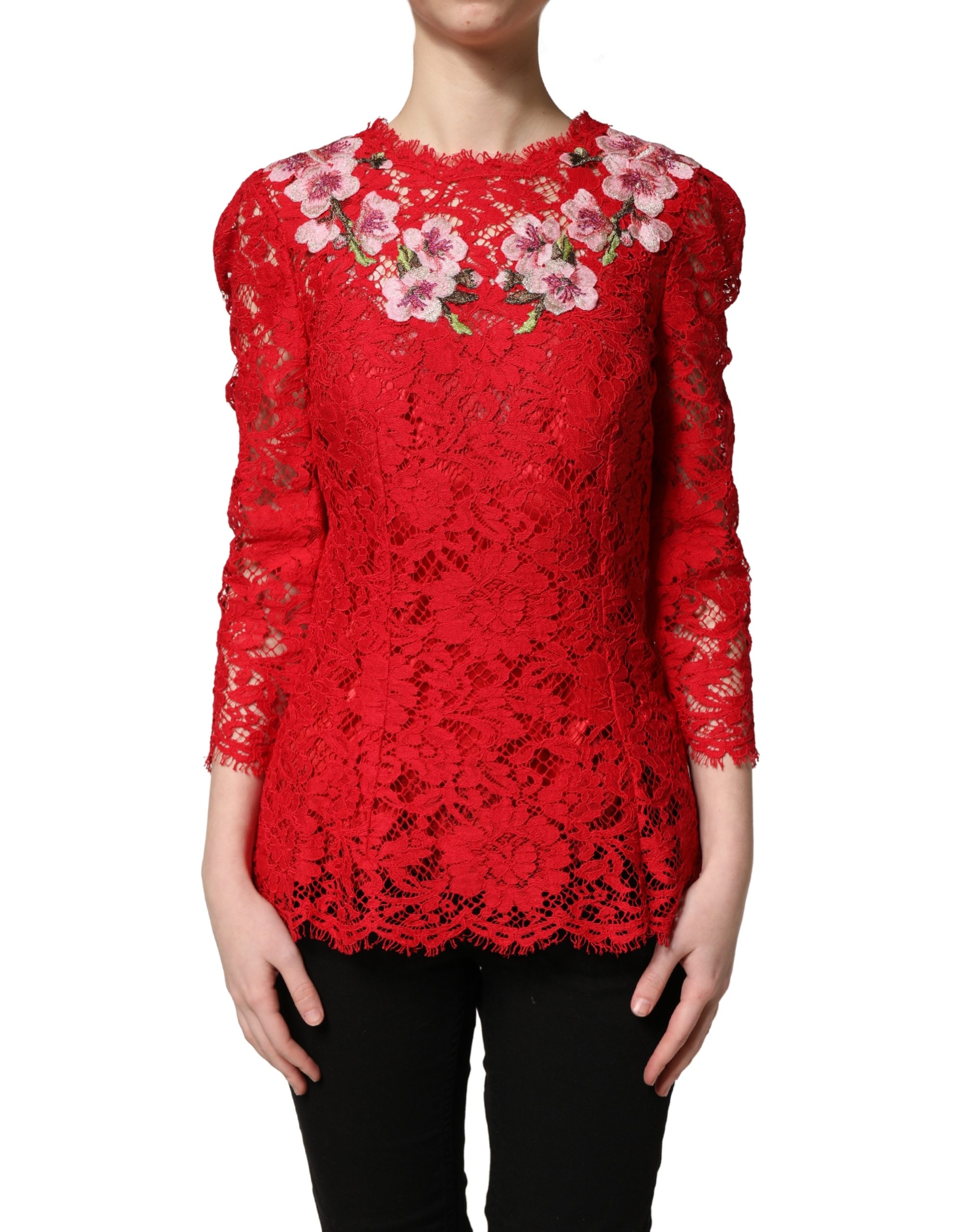 Dolce & Gabbana Red Lace Floral Embroidery Long Sleeves Top - Image 2