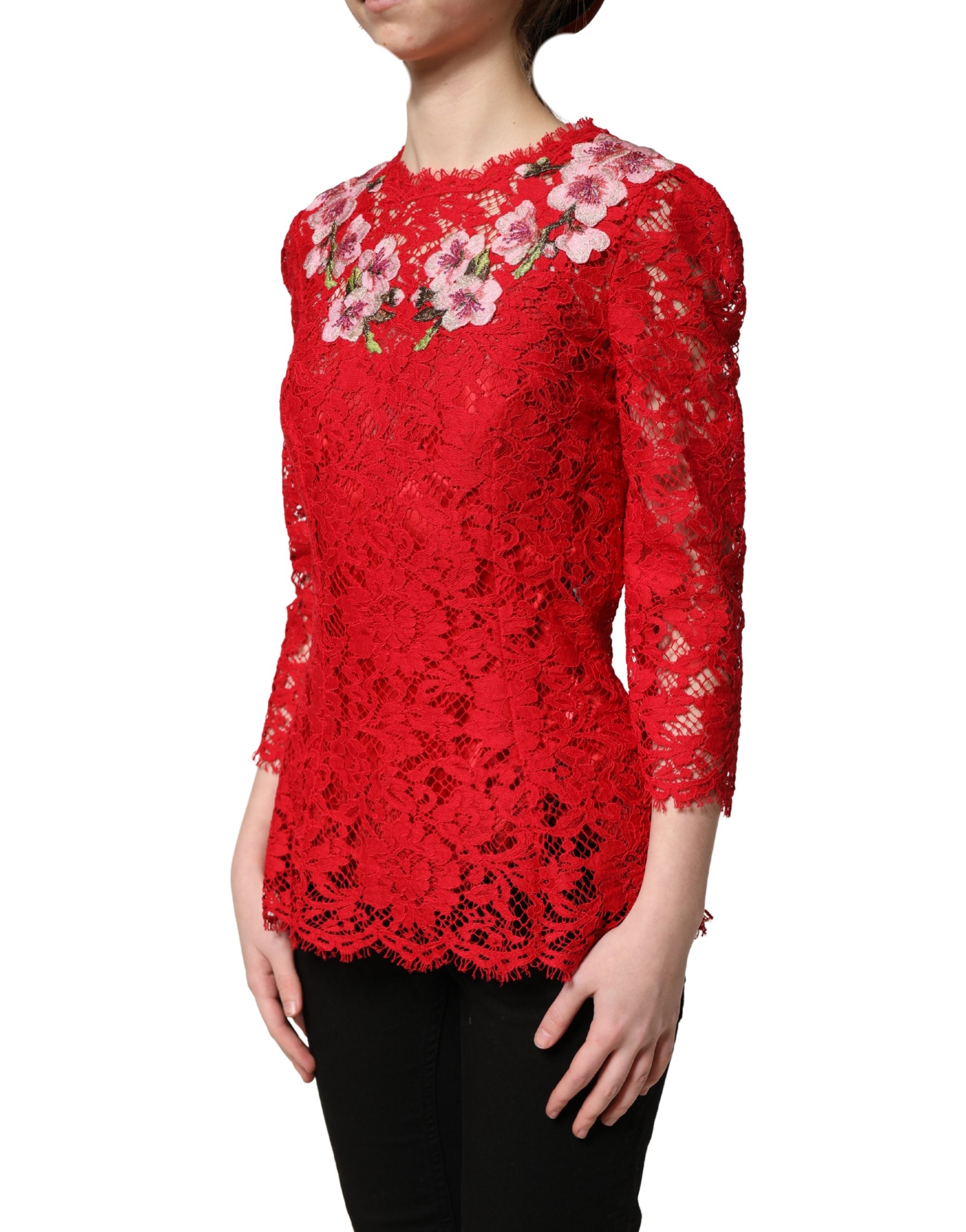 Dolce & Gabbana Red Lace Floral Embroidery Long Sleeves Top - Image 3