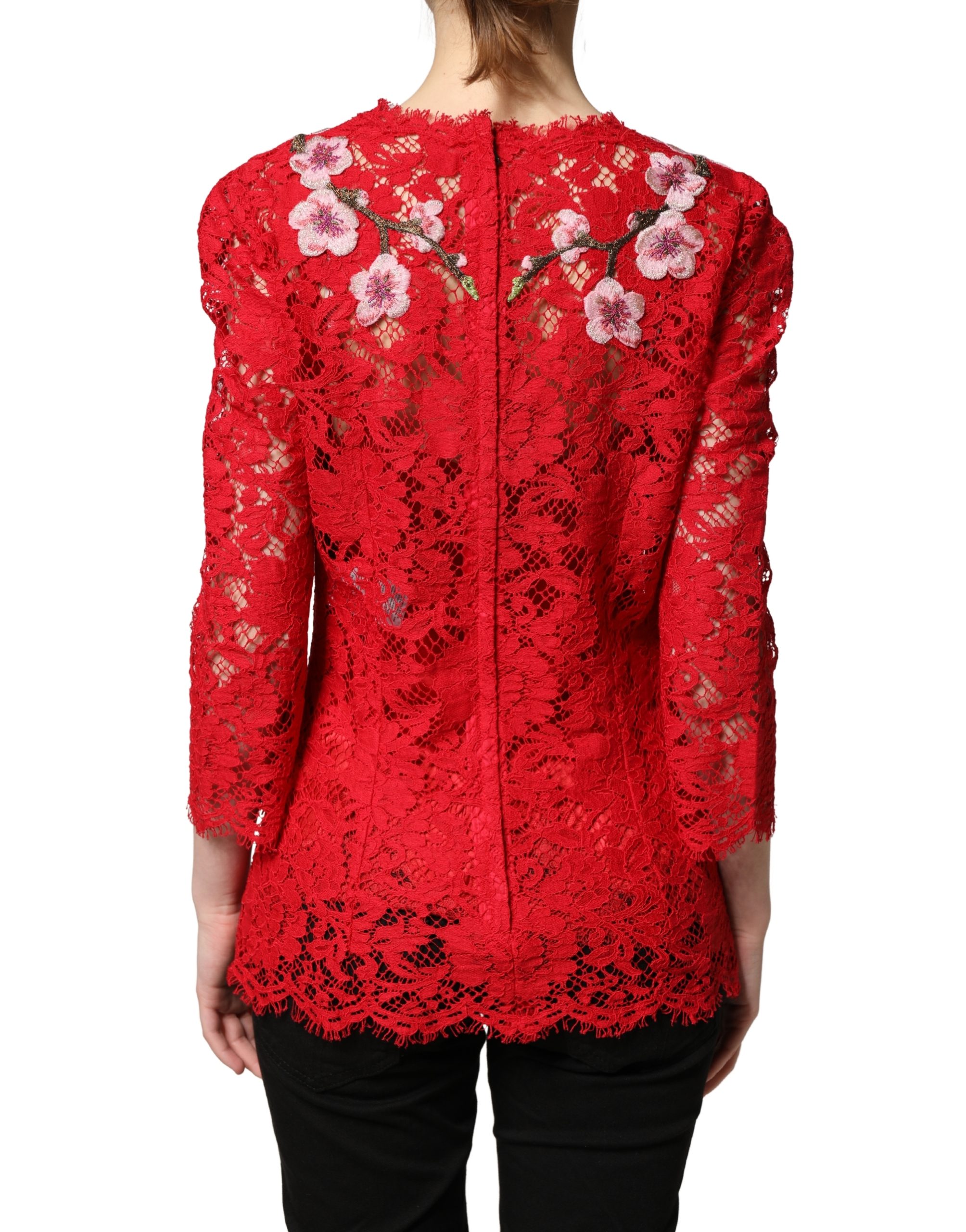 Dolce & Gabbana Red Lace Floral Embroidery Long Sleeves Top - Image 4