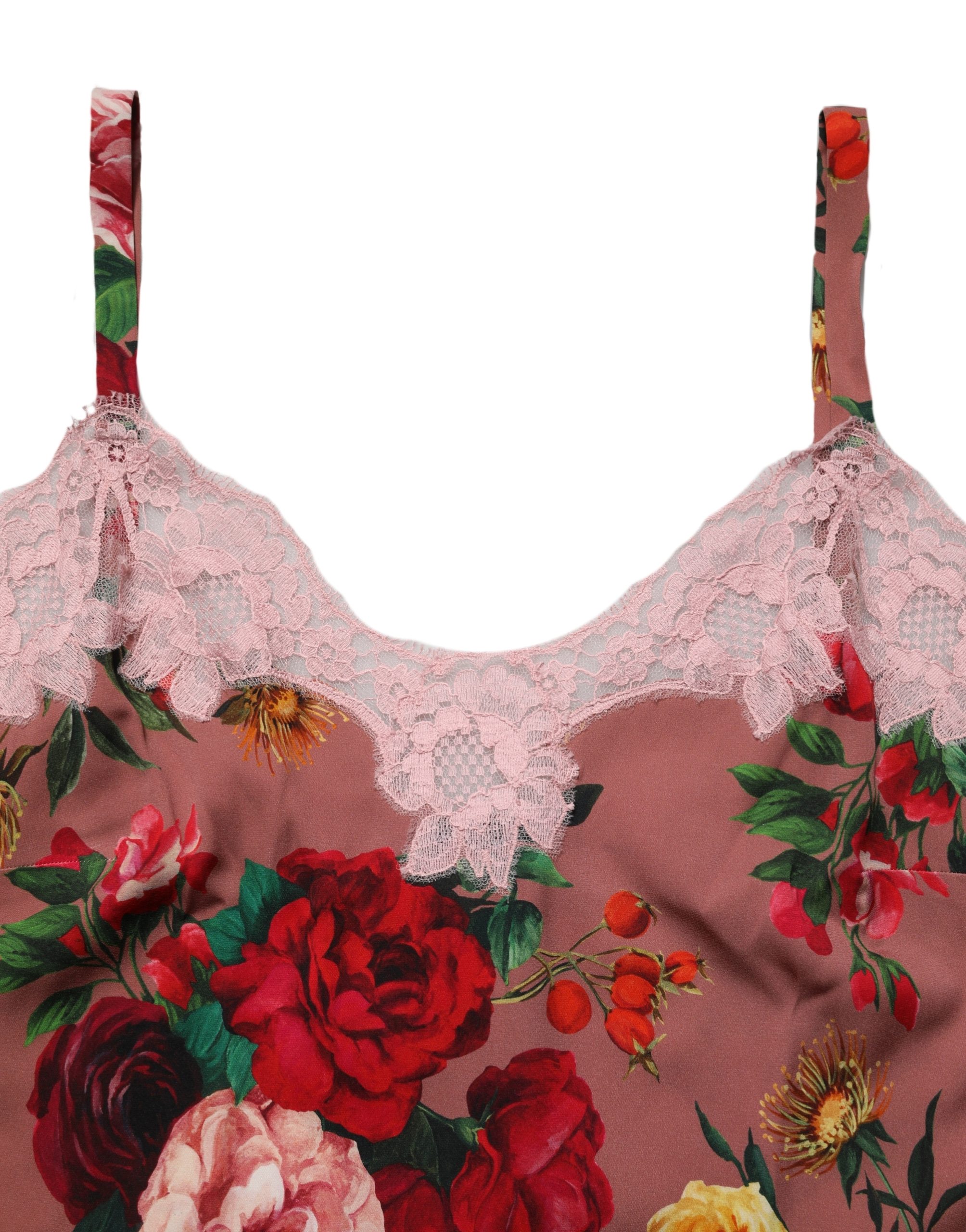 Dolce & Gabbana Brown Rose Print Satin Lace Camisole Tank Top - Image 6