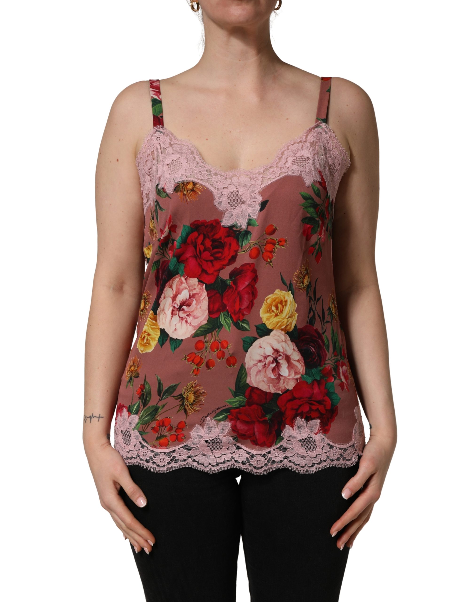 Dolce & Gabbana Brown Rose Print Satin Lace Camisole Tank Top - Image 2