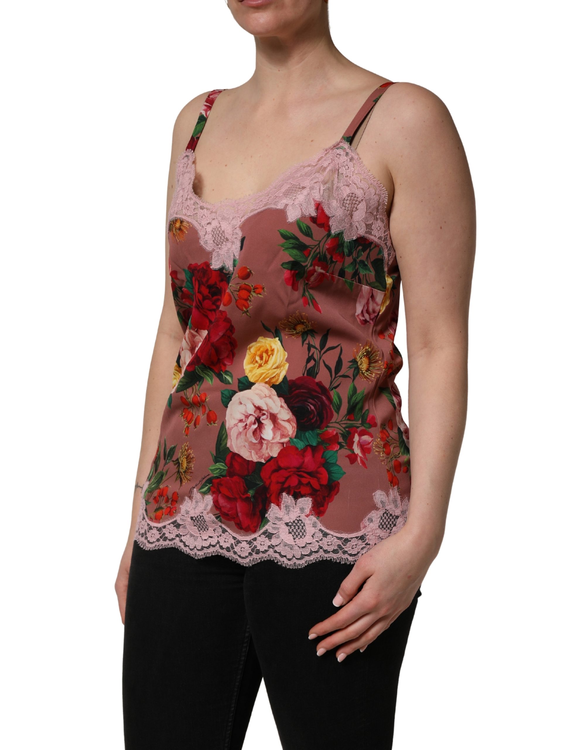 Dolce & Gabbana Brown Rose Print Satin Lace Camisole Tank Top - Image 3