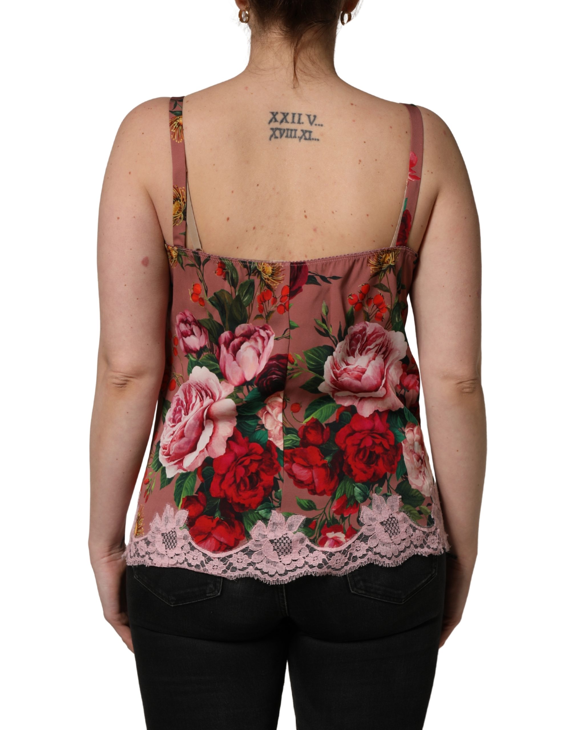 Dolce & Gabbana Brown Rose Print Satin Lace Camisole Tank Top - Image 4