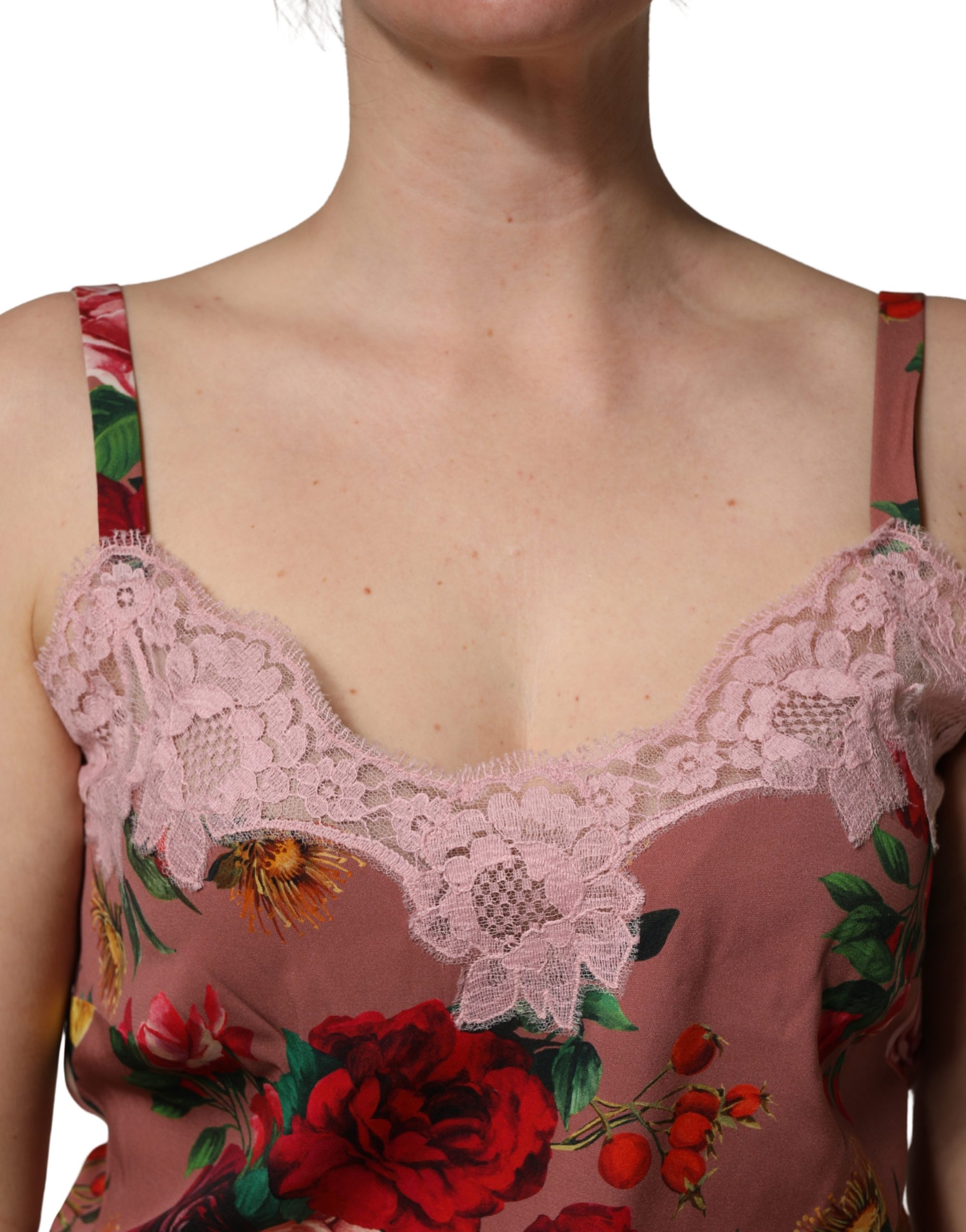 Dolce & Gabbana Brown Rose Print Satin Lace Camisole Tank Top - Image 5