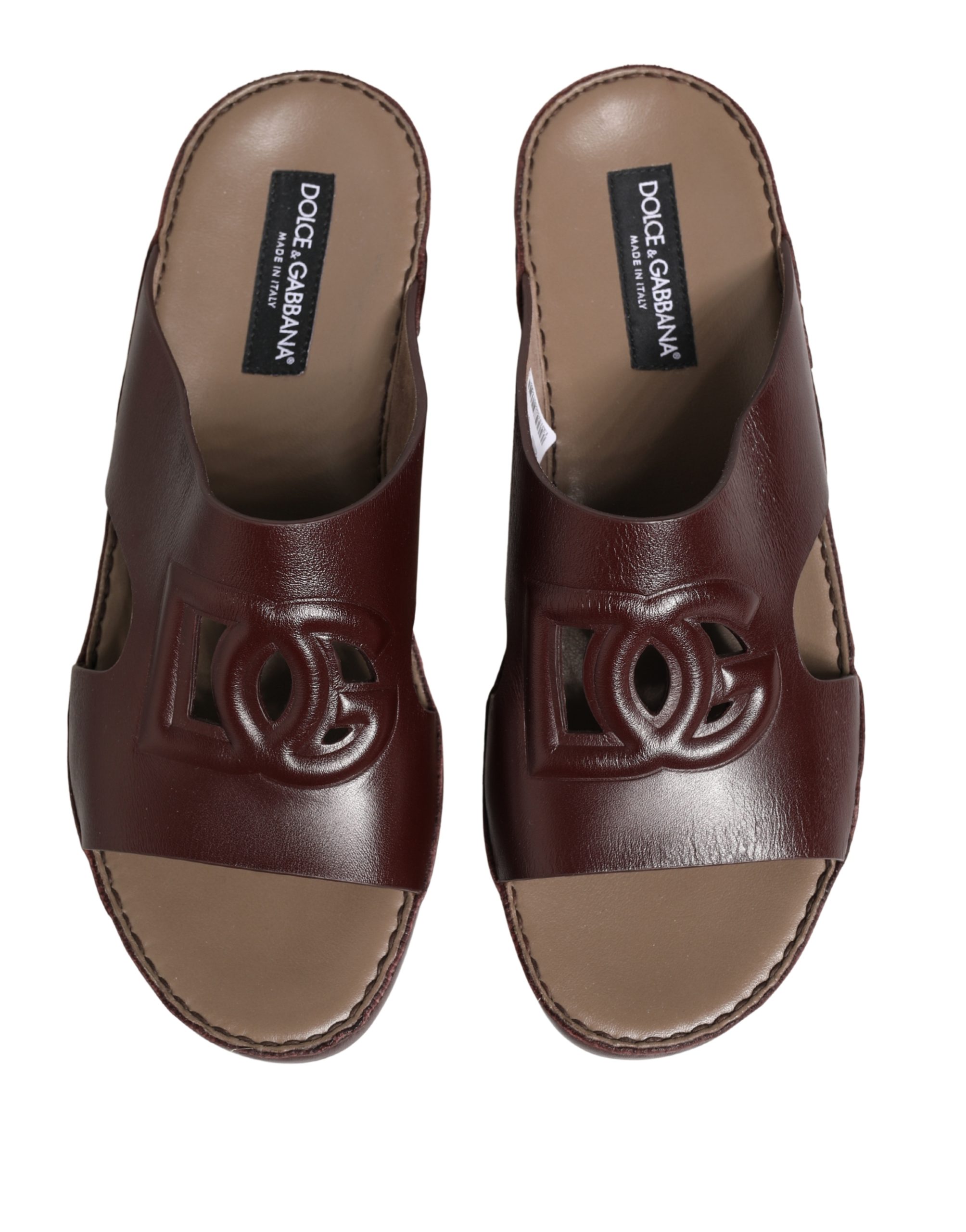 Dolce & Gabbana Maroon Leather Cutout DG Logo Sandals Shoes - Image 4