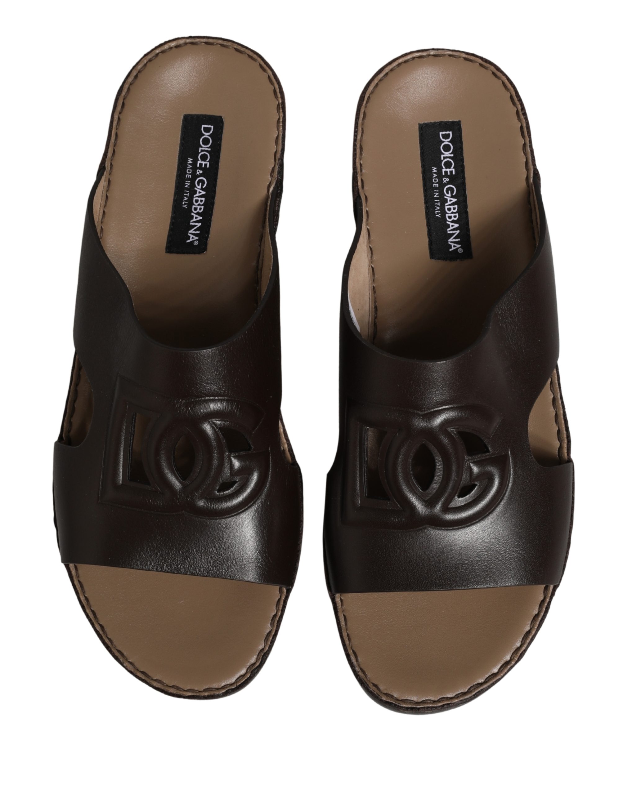 Dolce & Gabbana Brown Leather Cutout DG Logo Sandals Shoes - Image 7