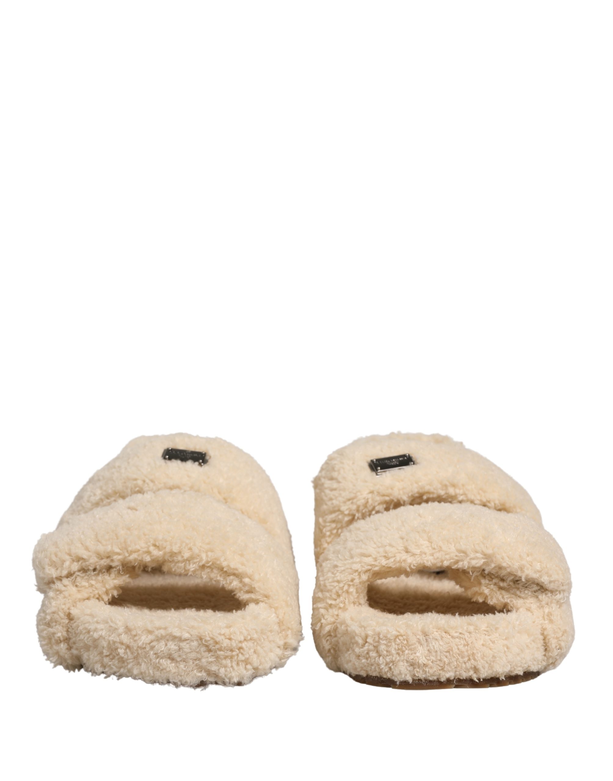 Dolce & Gabbana Beige Faux Fur Slides Men Flats Sandals Shoes - Image 4