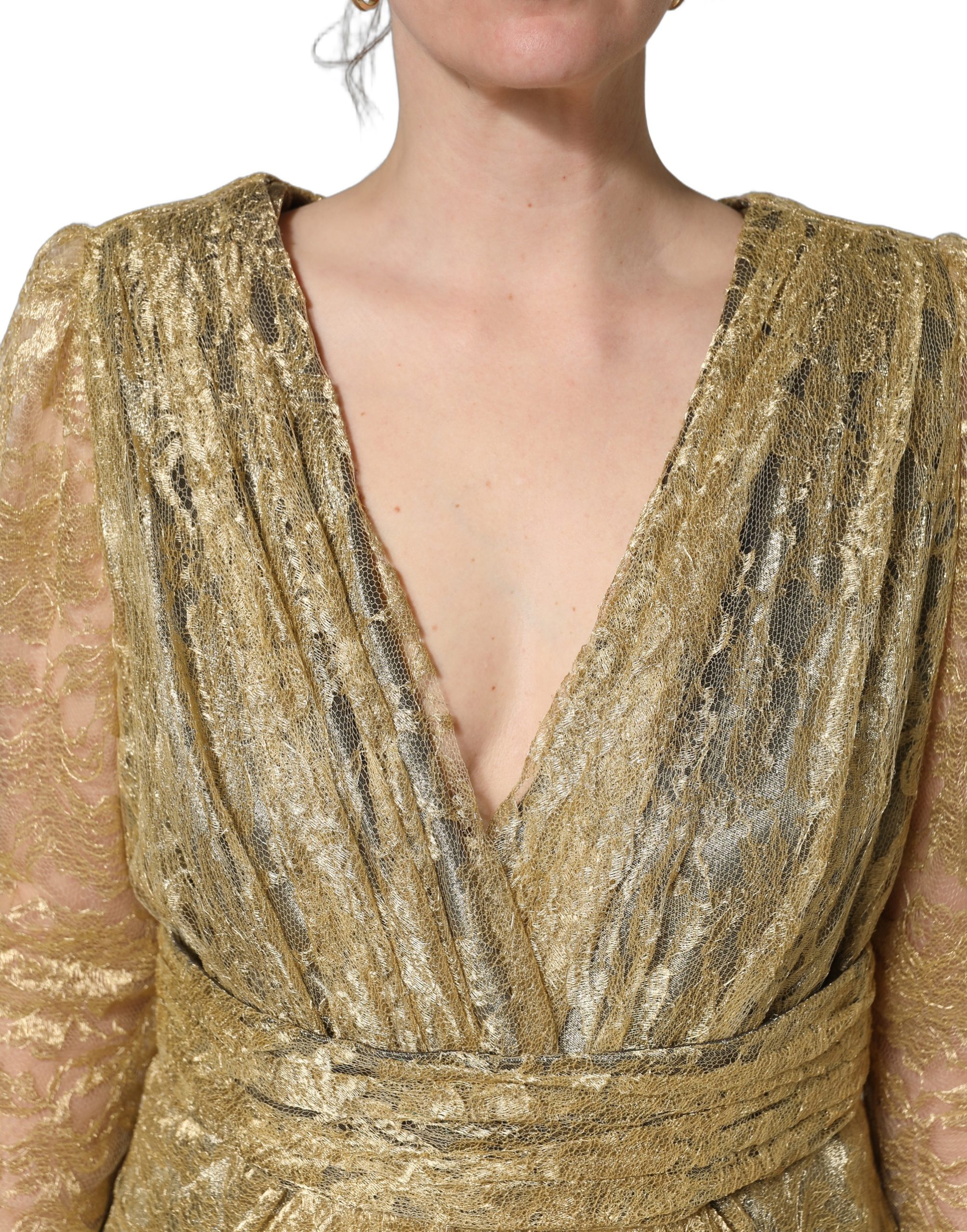Dolce & Gabbana Gold Sheer Lace Crystal Embellished Dress - Image 5