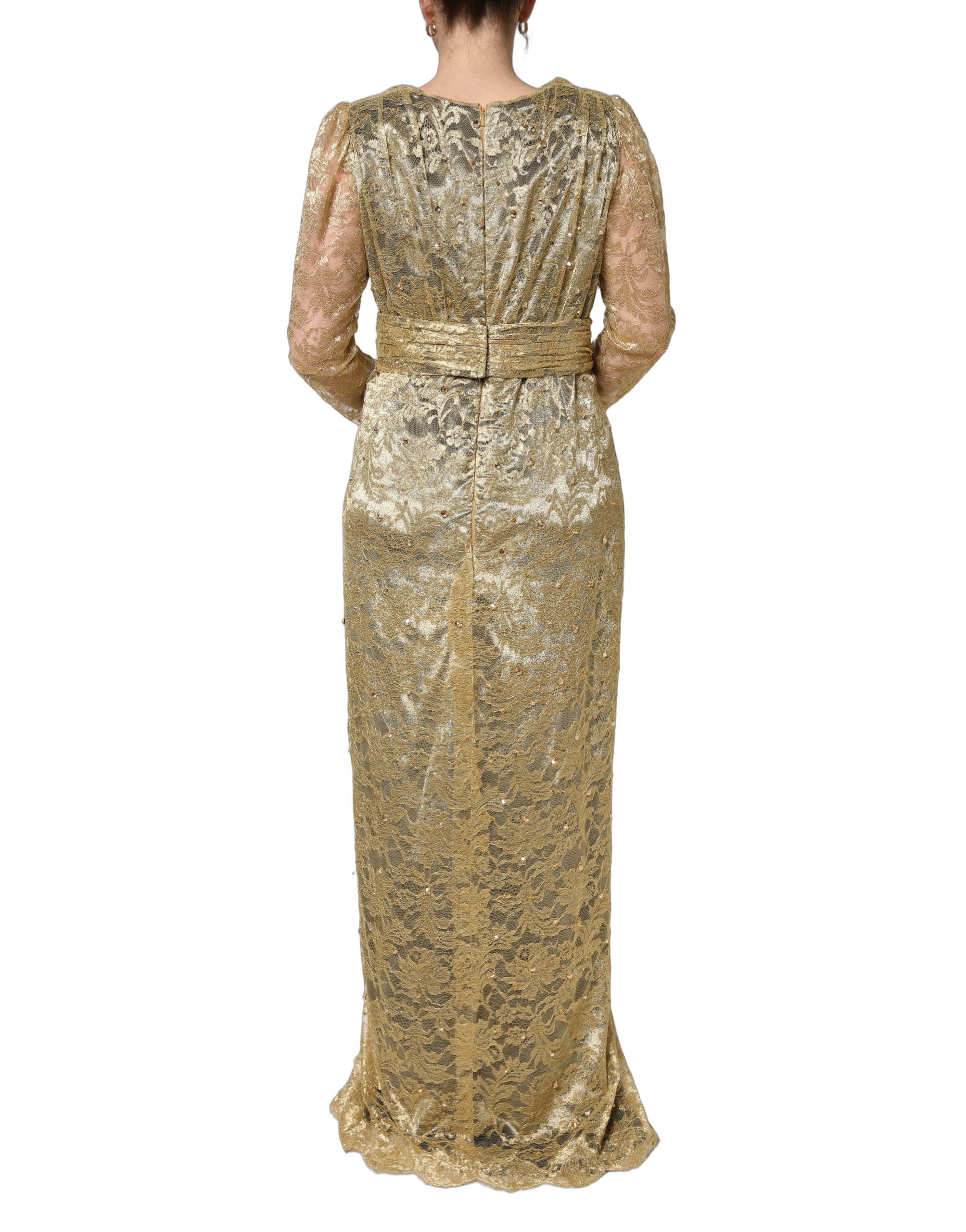 Dolce & Gabbana Gold Sheer Lace Crystal Embellished Dress - Image 4