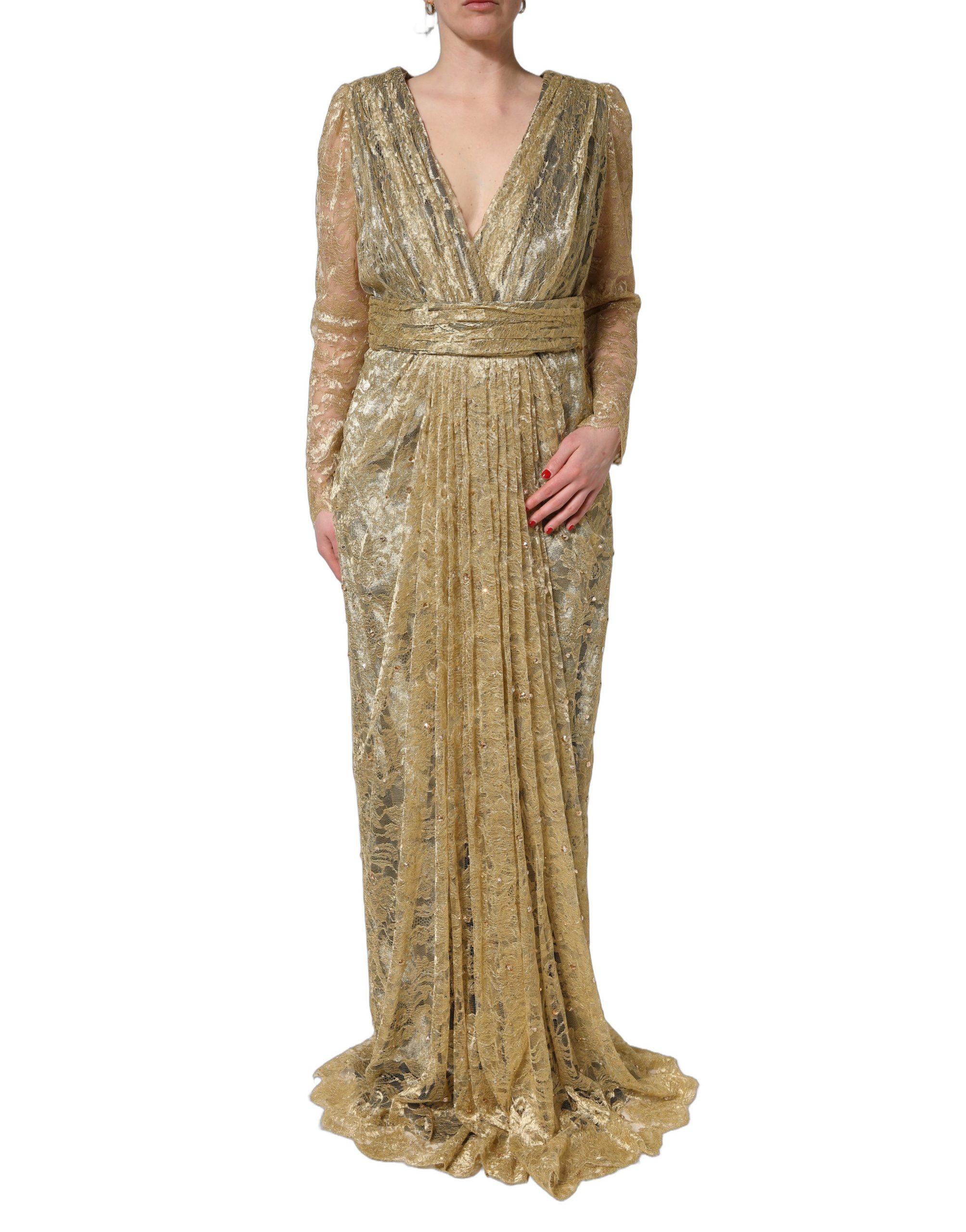Dolce & Gabbana Gold Sheer Lace Crystal Embellished Dress - Image 2
