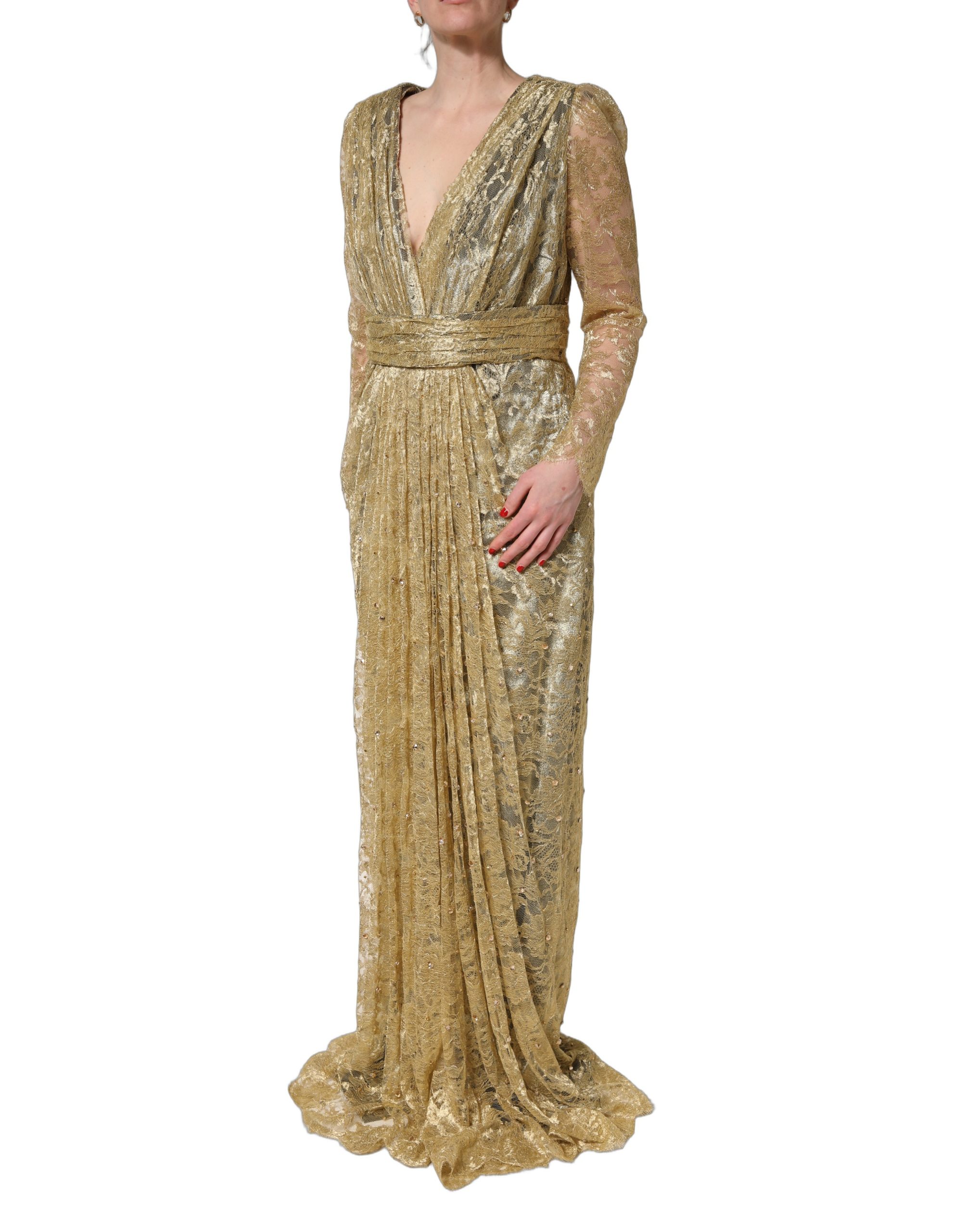 Dolce & Gabbana Gold Sheer Lace Crystal Embellished Dress - Image 3