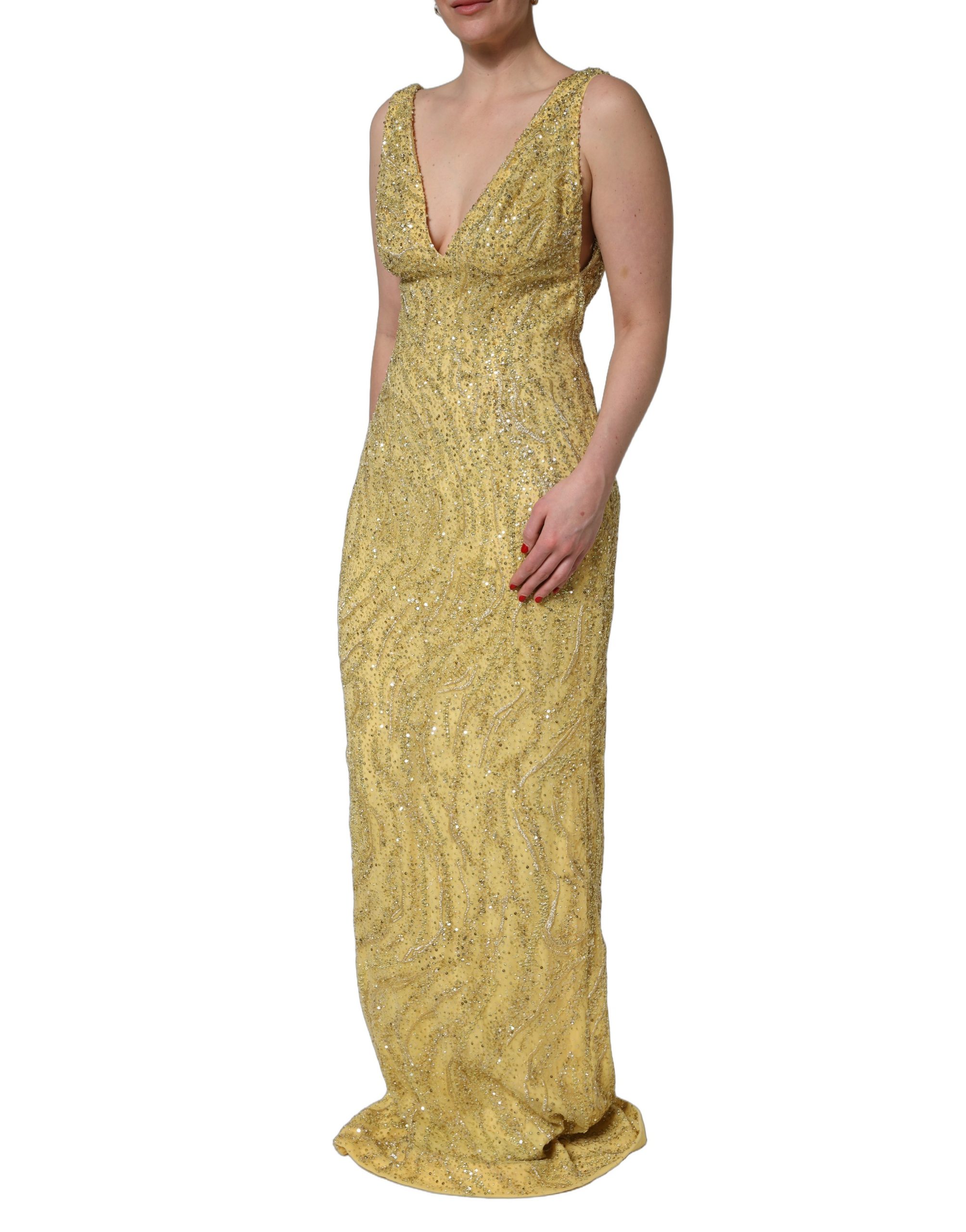 Dolce & Gabbana Gold V-neckline Mermaid Sequinned Gown Dress - Image 3