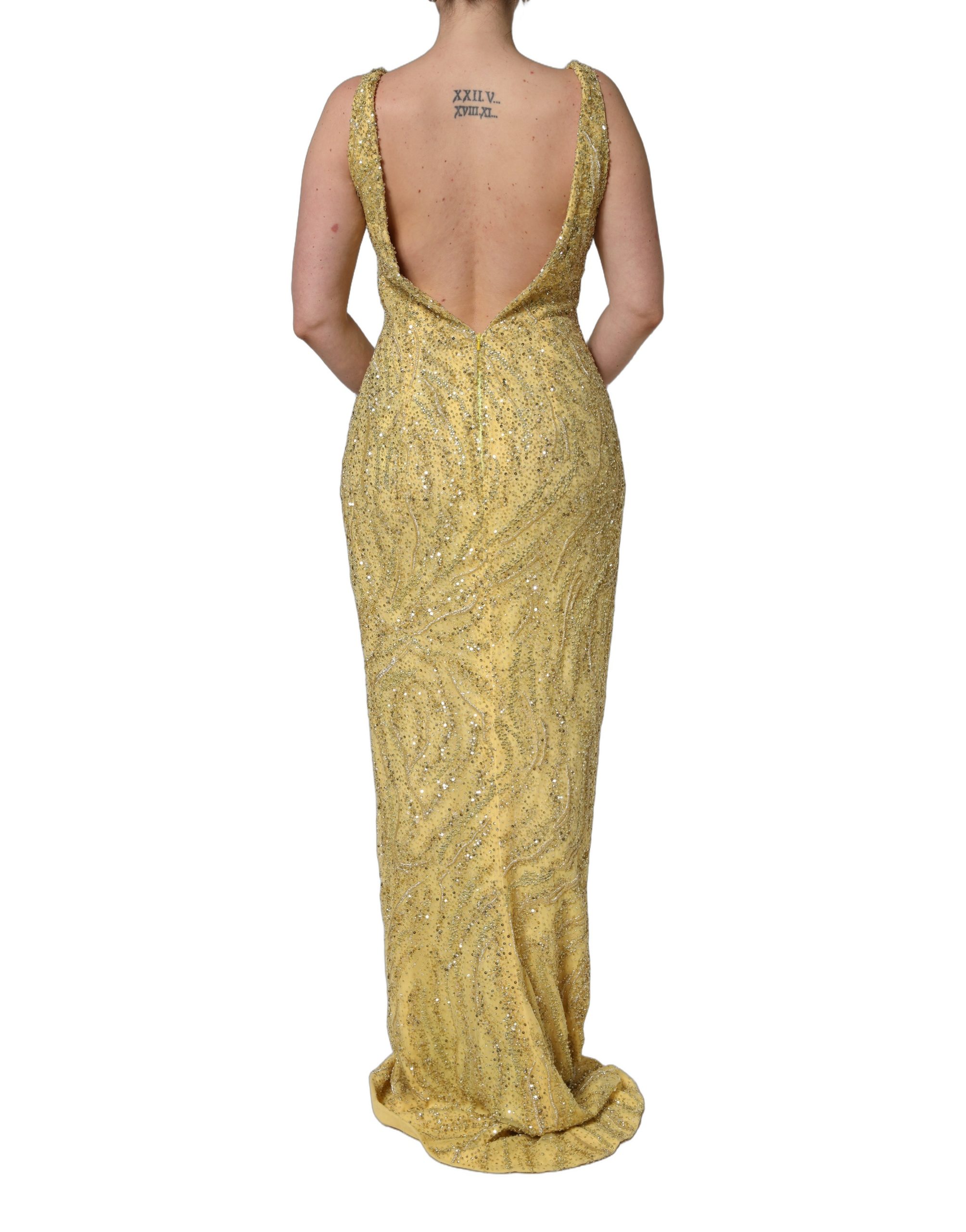 Dolce & Gabbana Gold V-neckline Mermaid Sequinned Gown Dress - Image 4