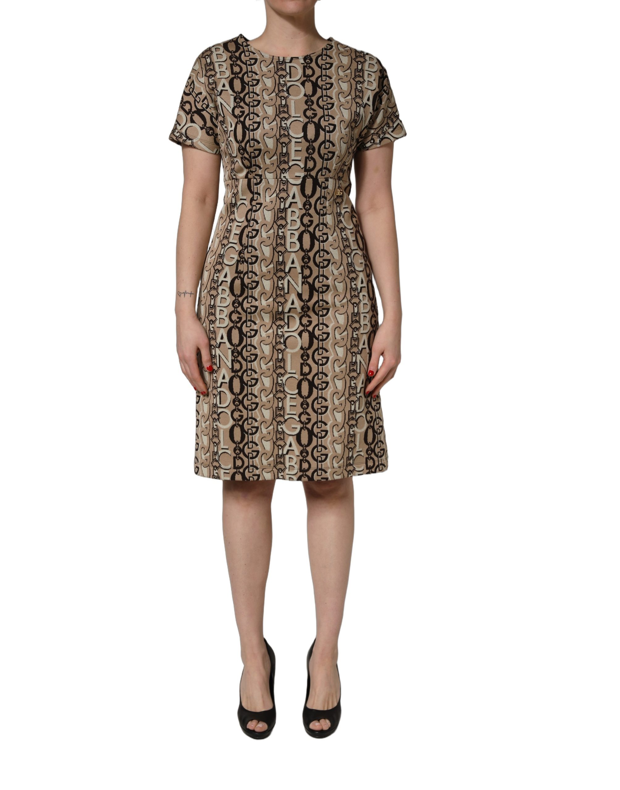 Dolce & Gabbana Brown DG Logo Chain Short-Sleeve Sheath Dress - Image 2