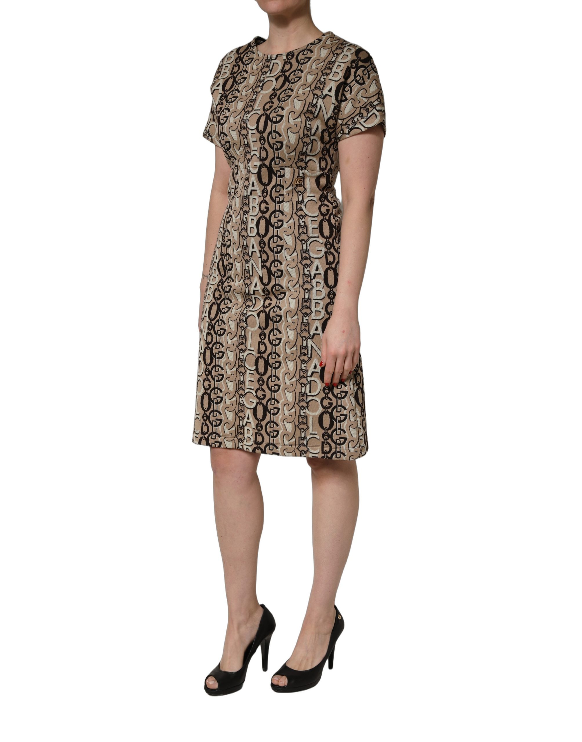 Dolce & Gabbana Brown DG Logo Chain Short-Sleeve Sheath Dress - Image 3