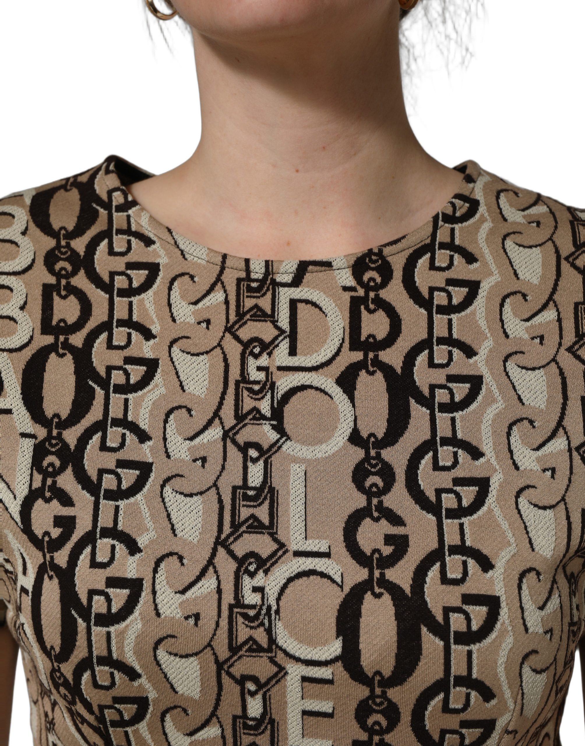 Dolce & Gabbana Brown DG Logo Chain Short-Sleeve Sheath Dress - Image 5