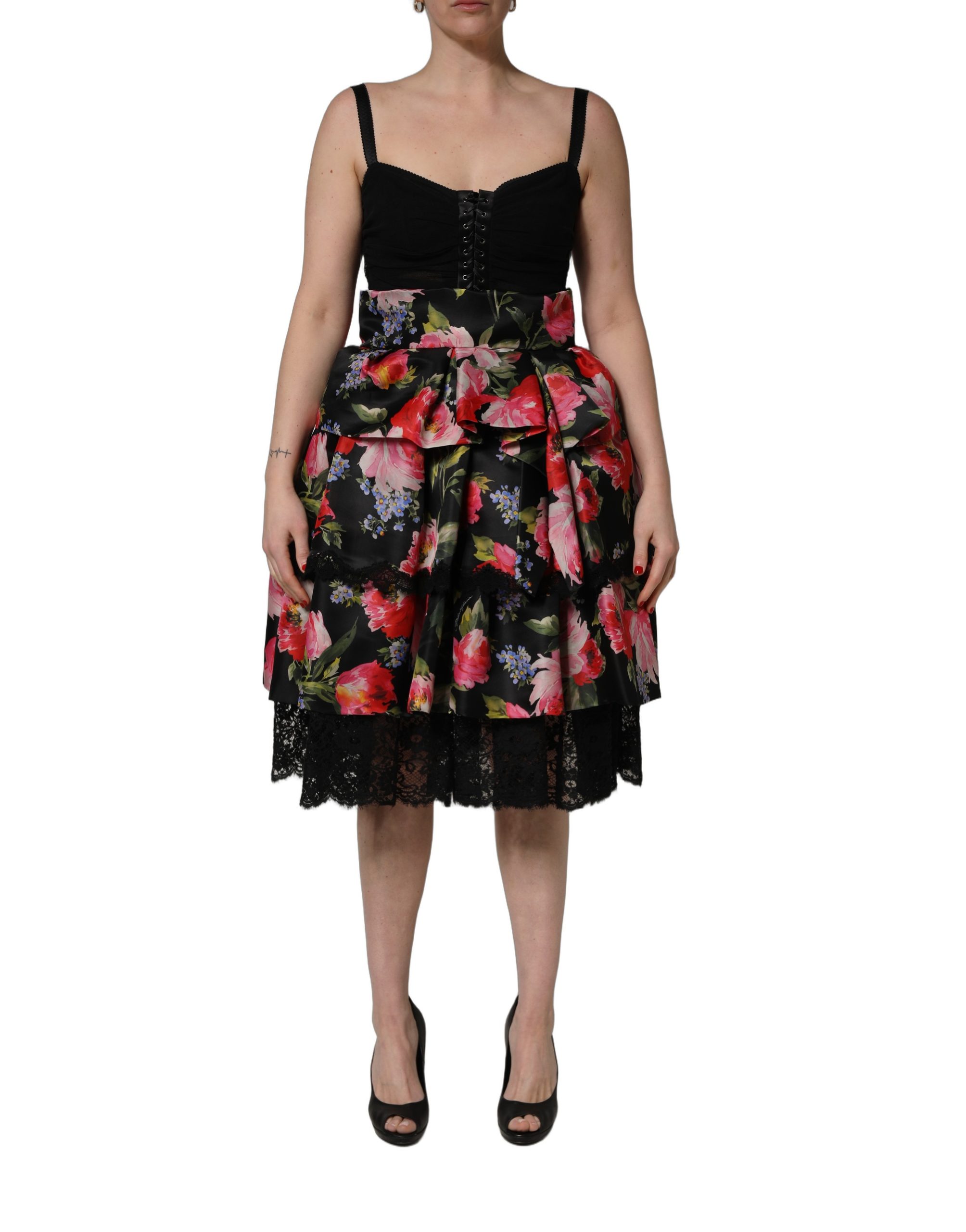 Dolce & Gabbana Black Sleeveless Bustier Floral Print Tiered Dress - Image 2
