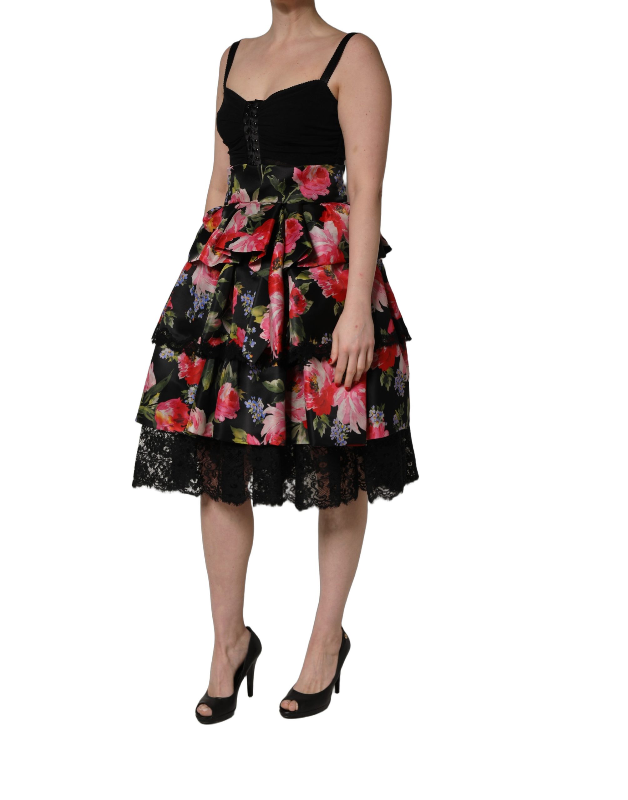 Dolce & Gabbana Black Sleeveless Bustier Floral Print Tiered Dress - Image 3