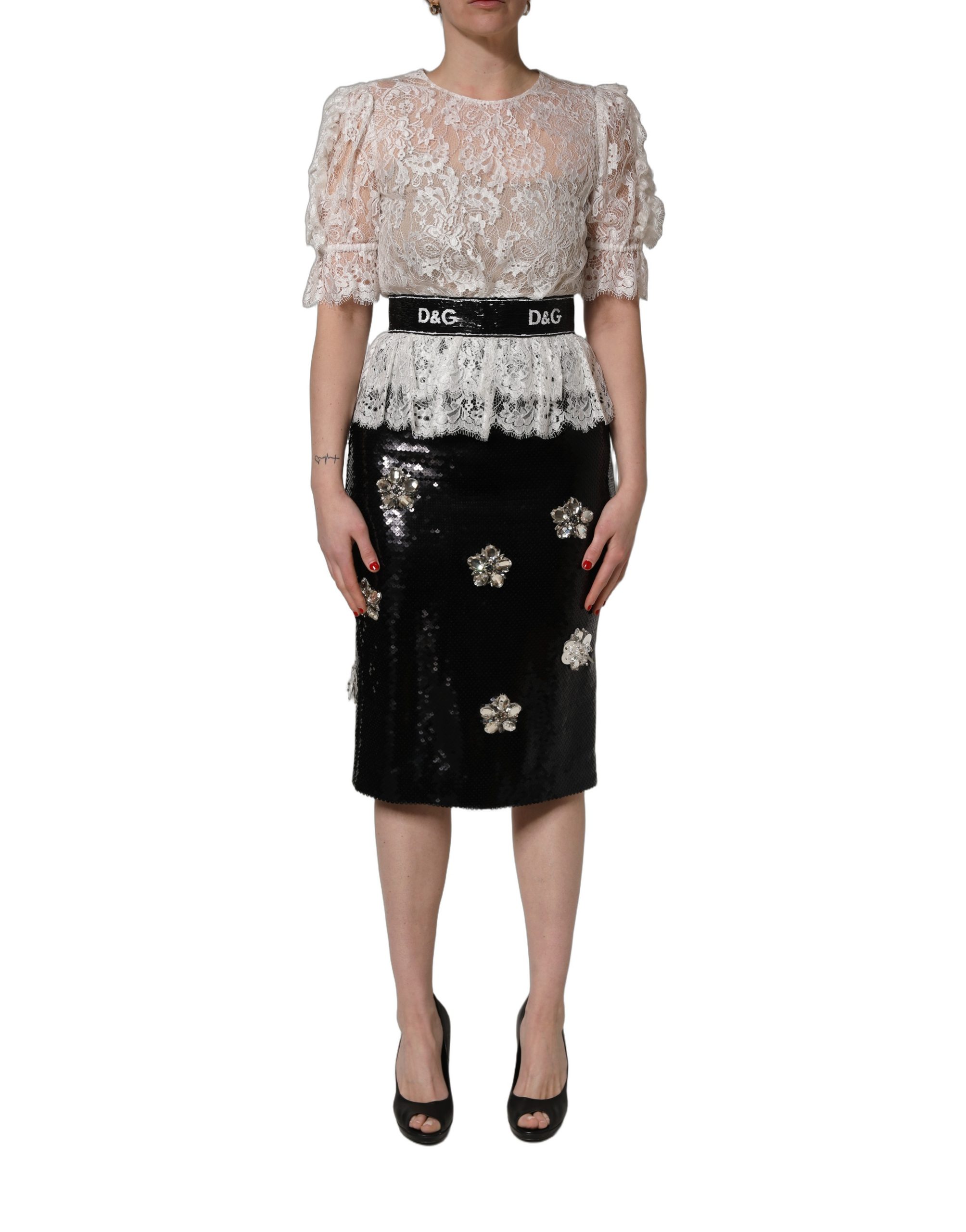 Dolce & Gabbana White Lace Top Embellished Black Skirt Dress - Image 2