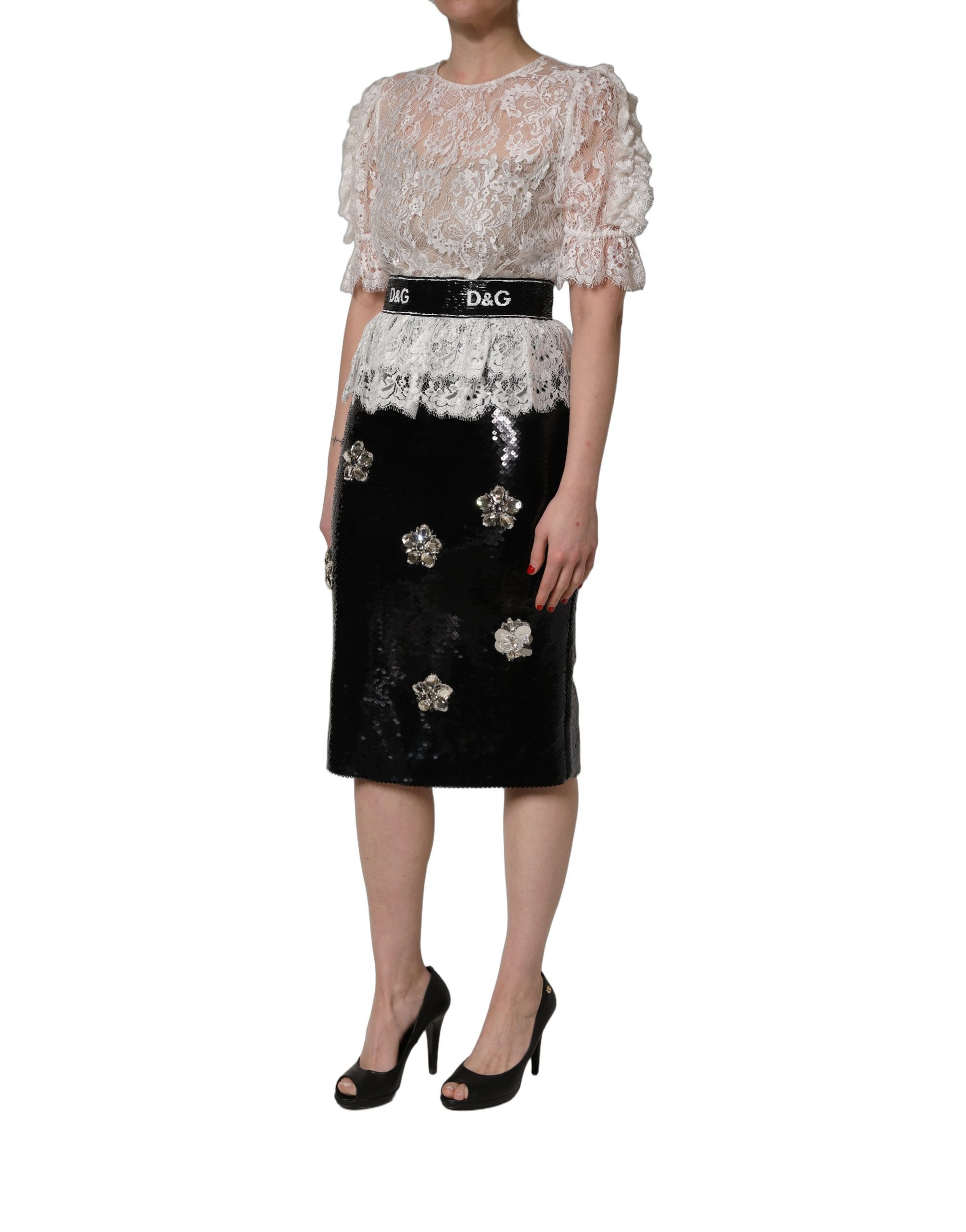 Dolce & Gabbana White Lace Top Embellished Black Skirt Dress - Image 3