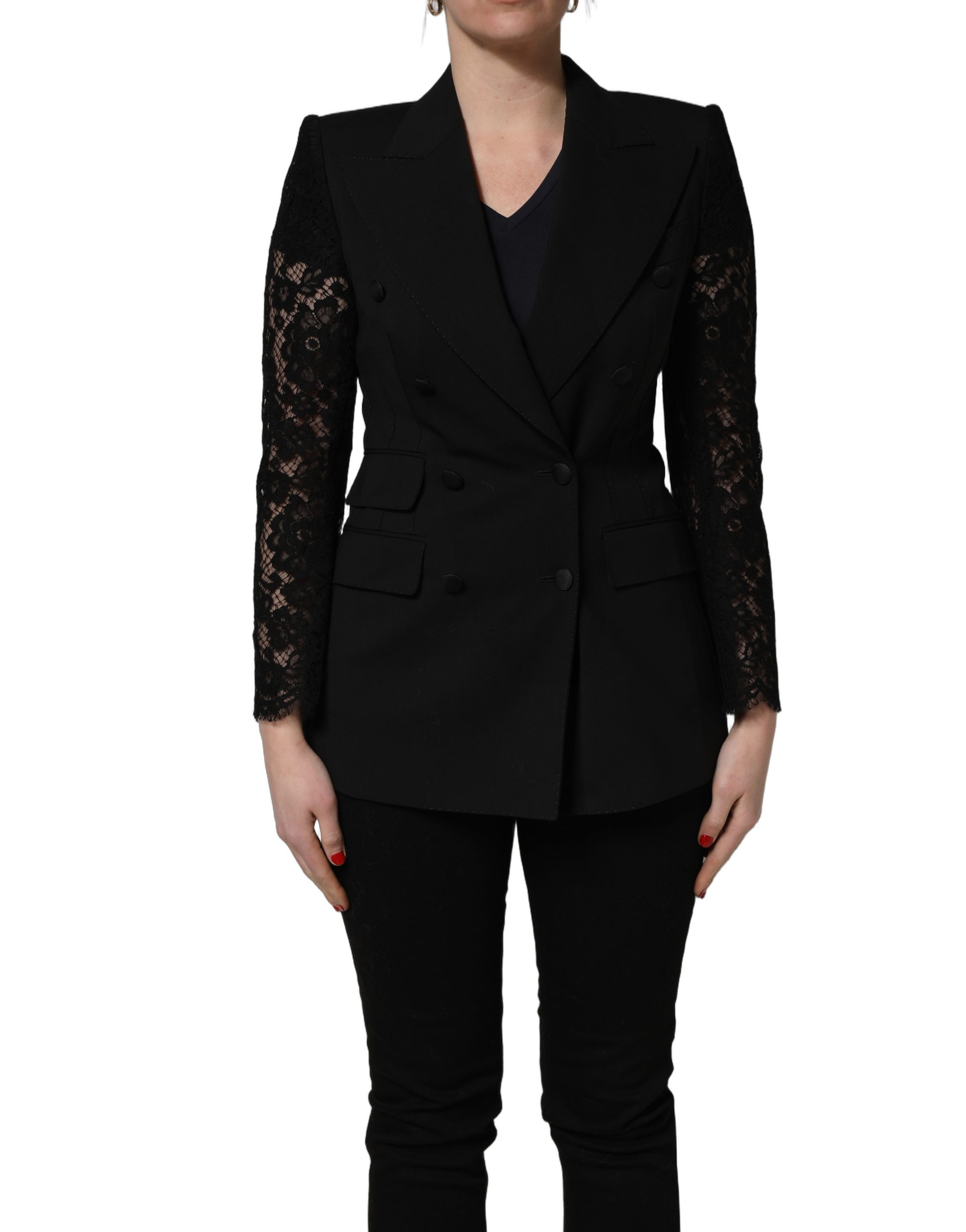Dolce & Gabbana Black Wool DoubleBreasted Lace Sleeve Jacket - Image 2