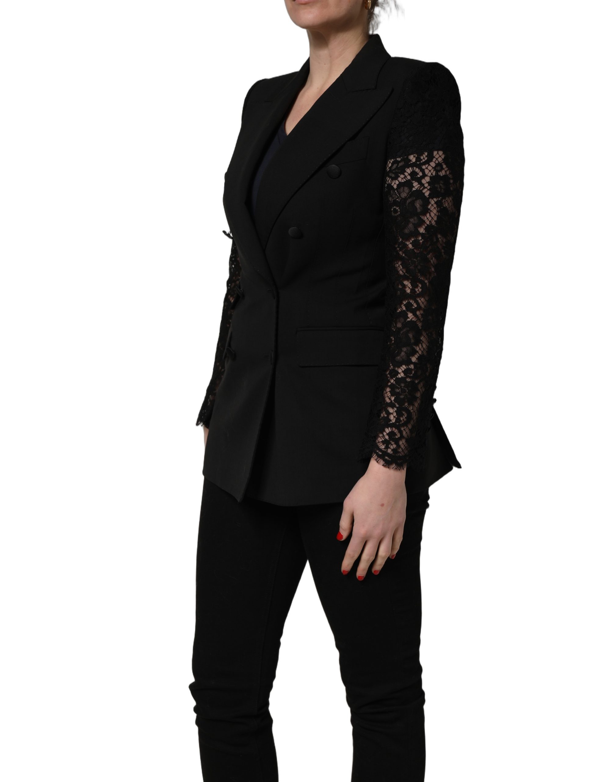 Dolce & Gabbana Black Wool DoubleBreasted Lace Sleeve Jacket - Image 3