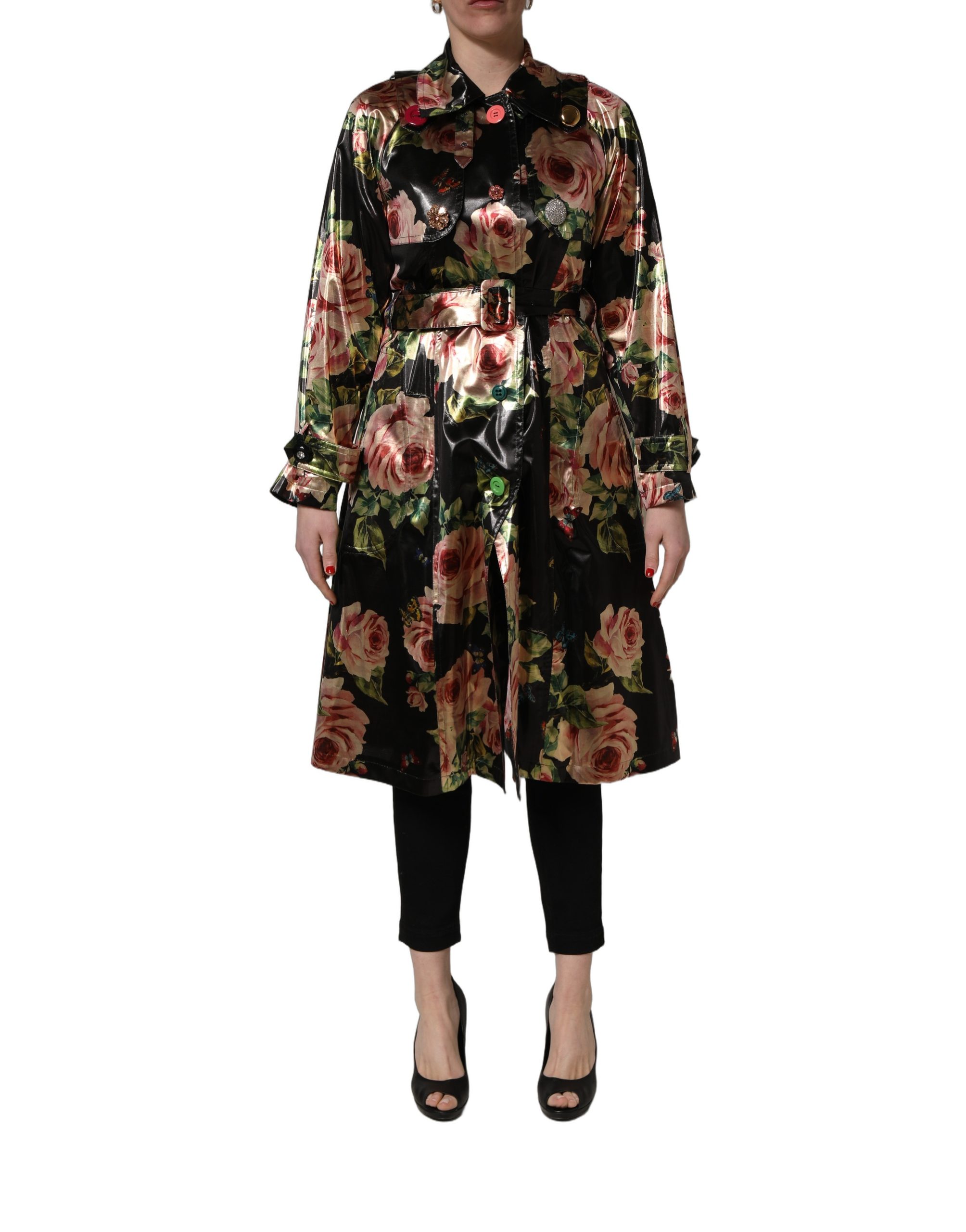 Dolce & Gabbana Black Floral Belted Polyester Trench Coat Jacket - Image 2