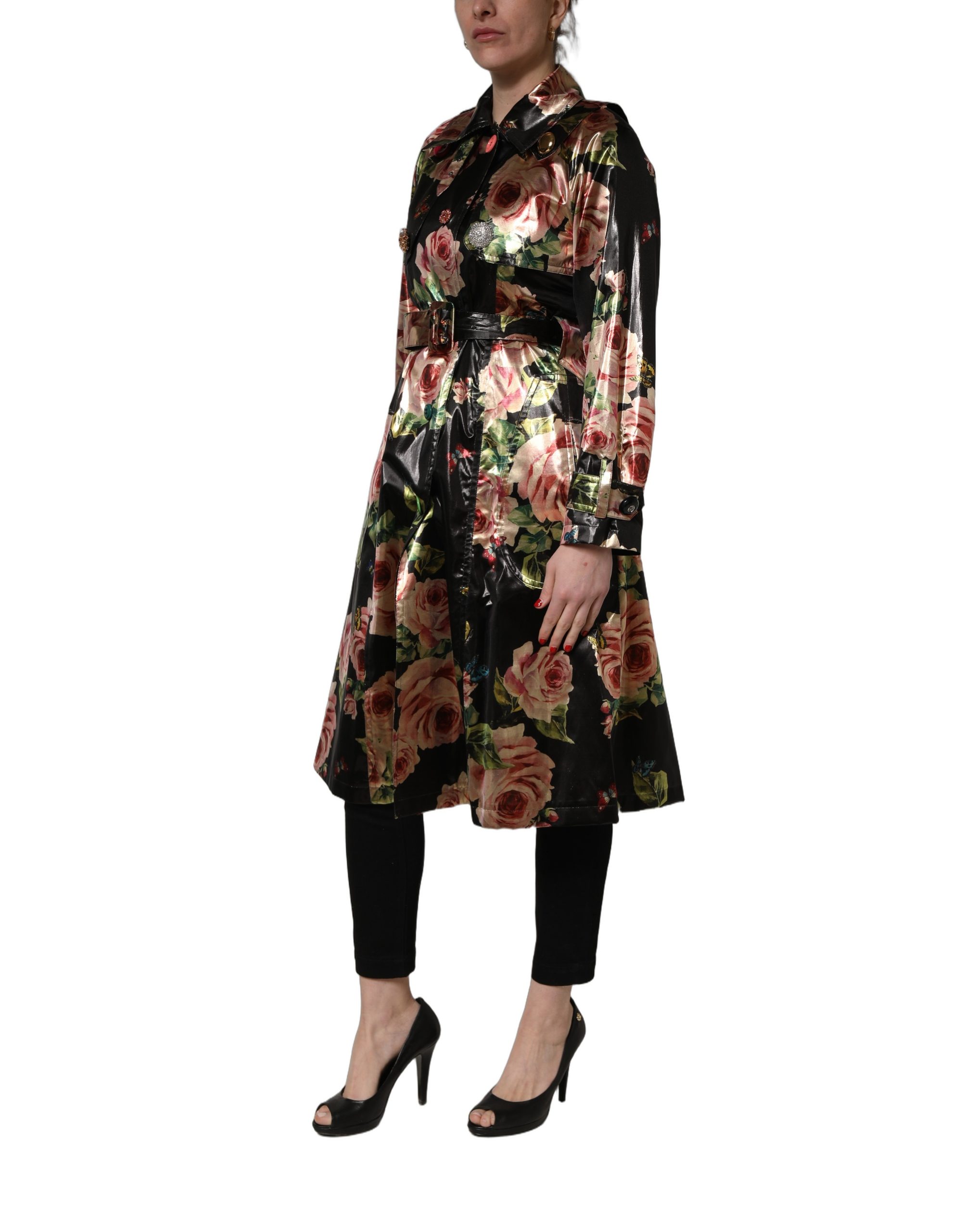 Dolce & Gabbana Black Floral Belted Polyester Trench Coat Jacket - Image 3