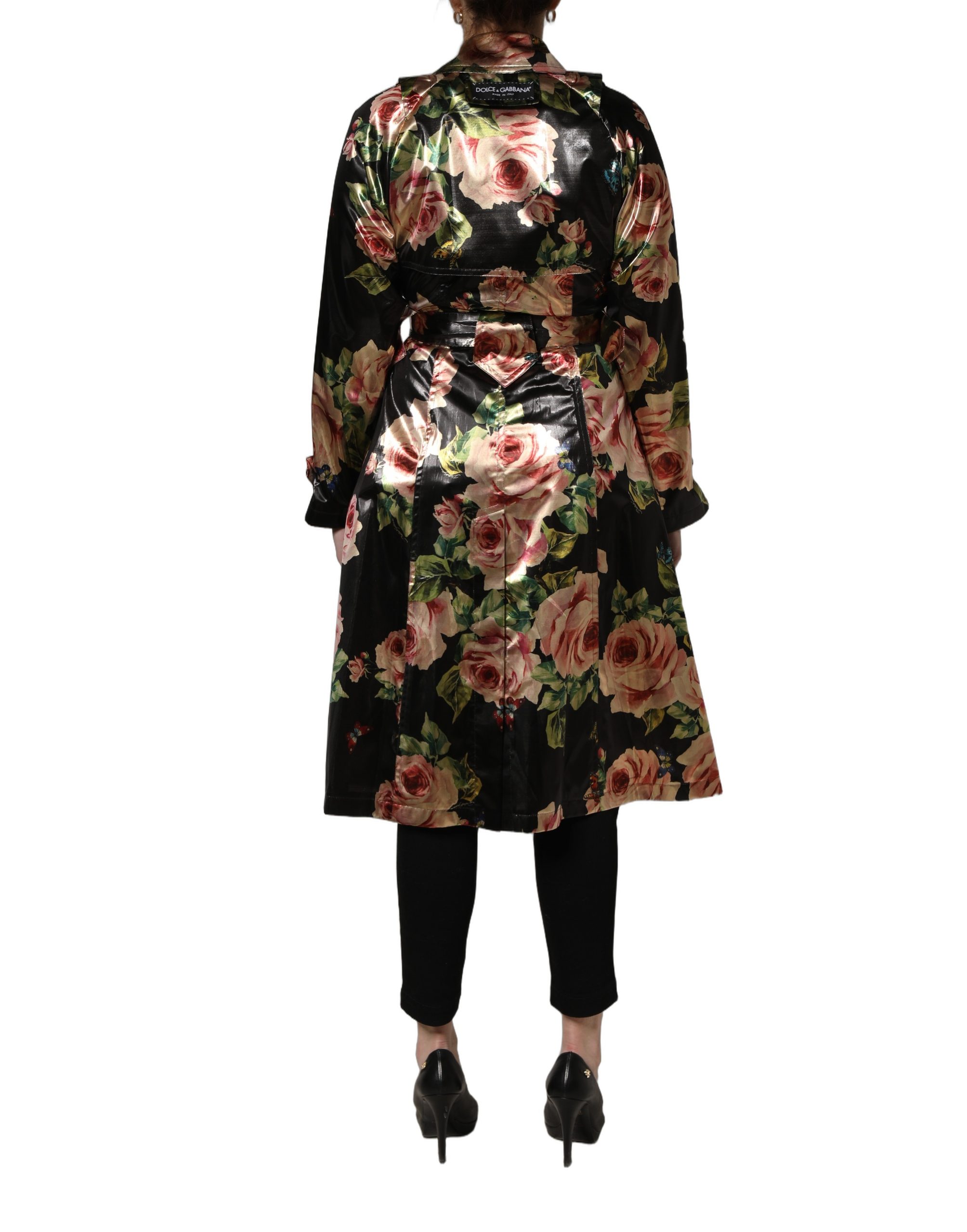 Dolce & Gabbana Black Floral Belted Polyester Trench Coat Jacket - Image 4
