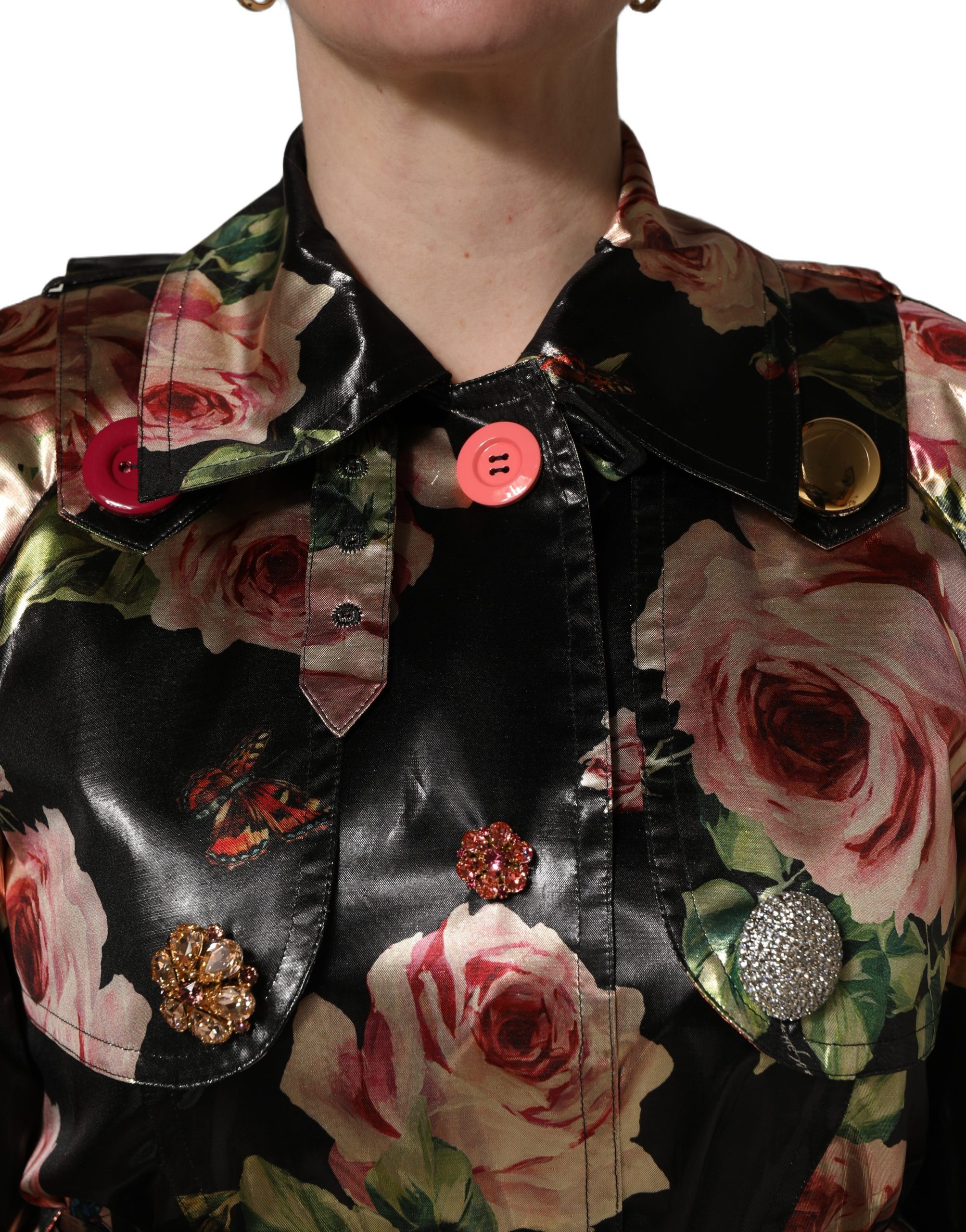Dolce & Gabbana Black Floral Belted Polyester Trench Coat Jacket - Image 5