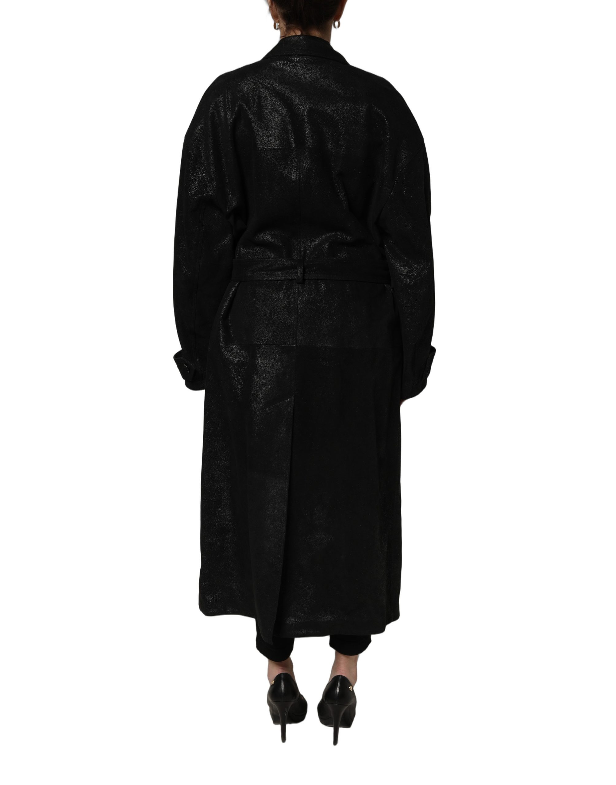 Dolce & Gabbana Black Belted Sheepskin Trench Coat Jacket - Image 4