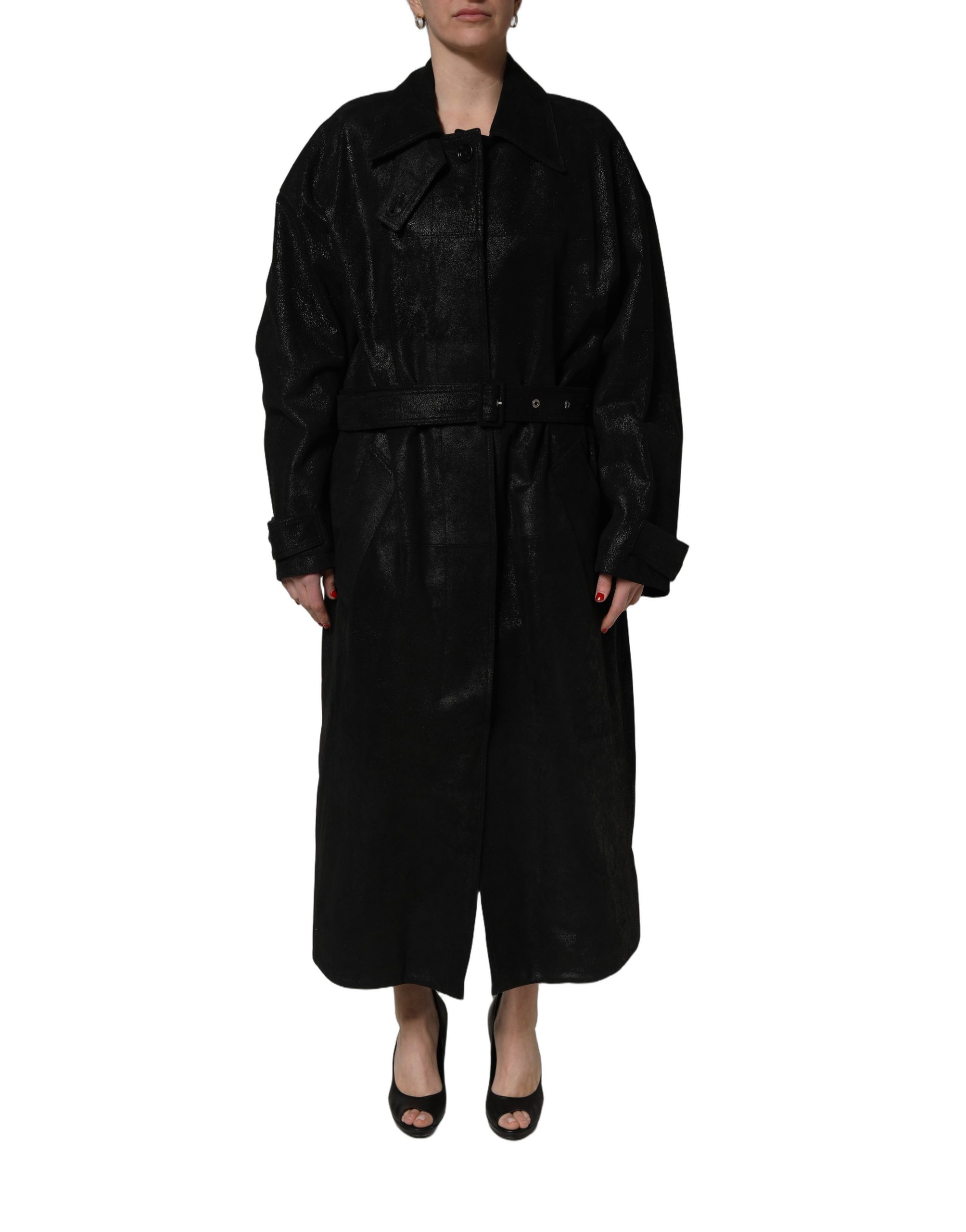 Dolce & Gabbana Black Belted Sheepskin Trench Coat Jacket - Image 2