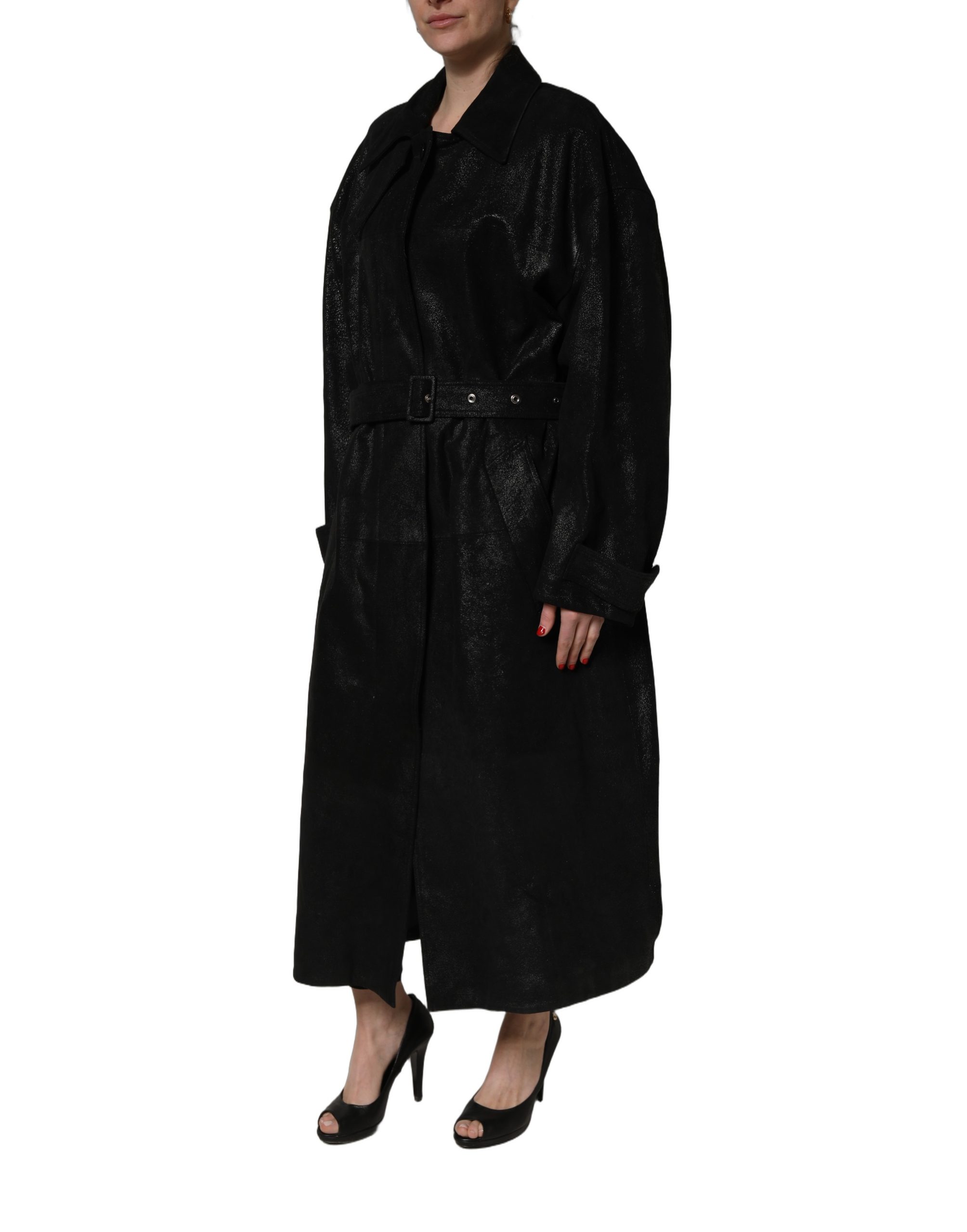 Dolce & Gabbana Black Belted Sheepskin Trench Coat Jacket - Image 3