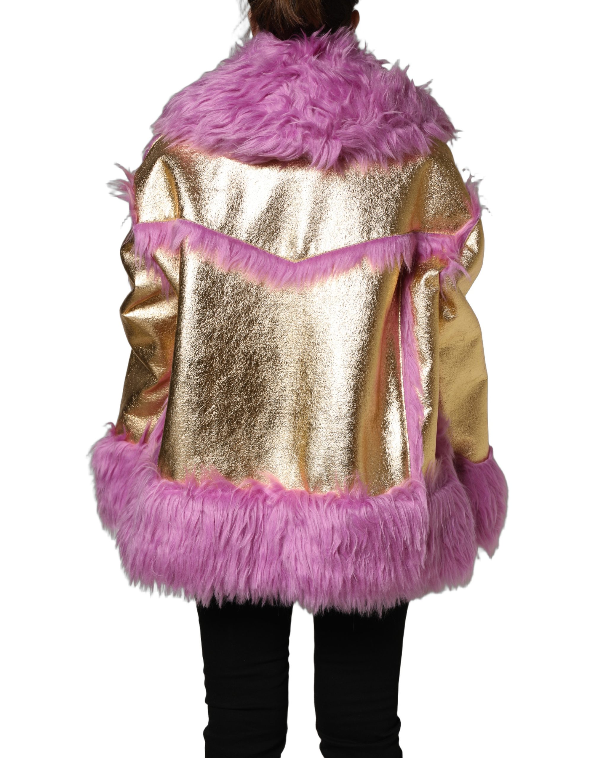 Dolce & Gabbana Pink Plush Faux Fur Gold Leather Coat Jacket - Image 4