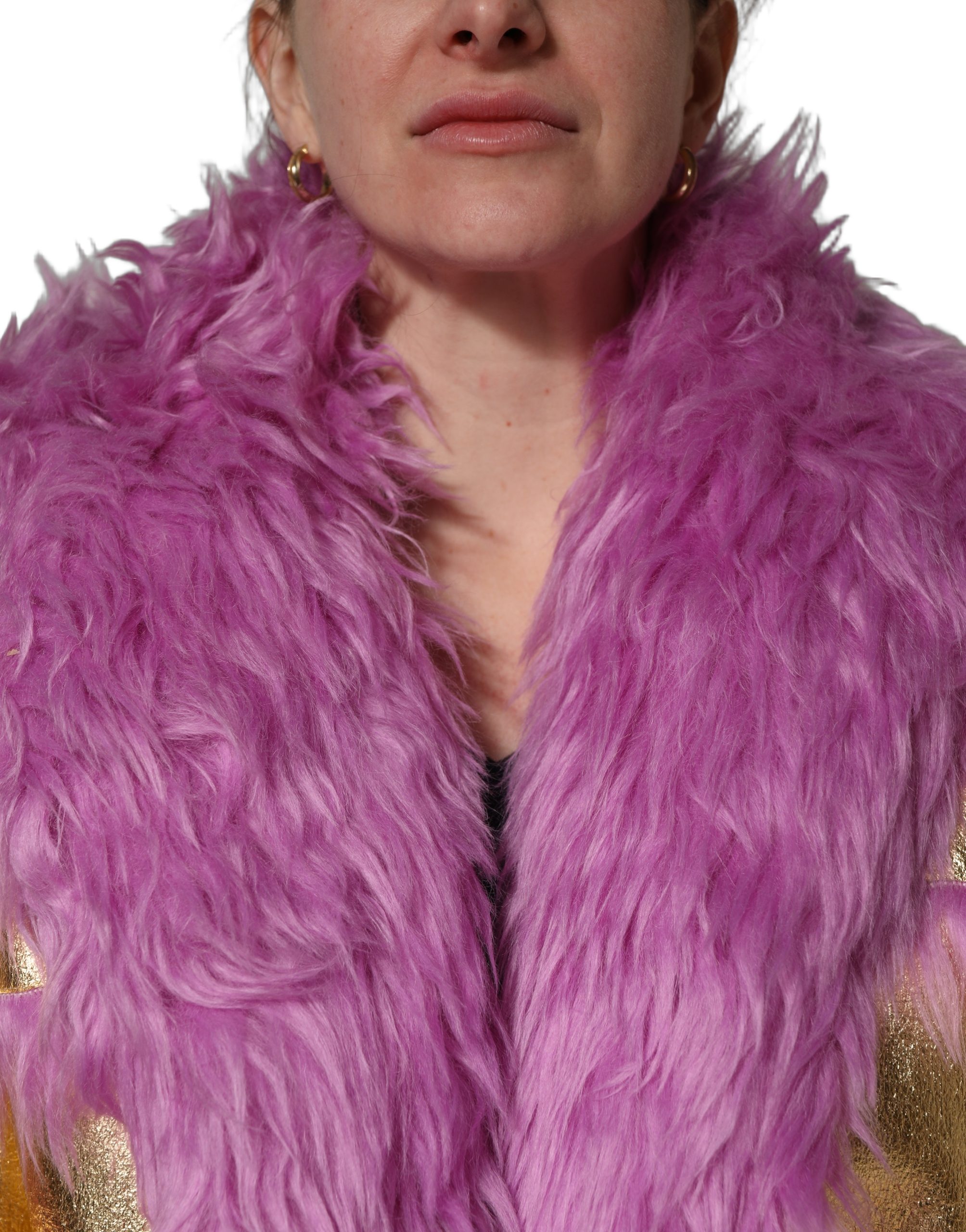 Dolce & Gabbana Pink Plush Faux Fur Gold Leather Coat Jacket - Image 5