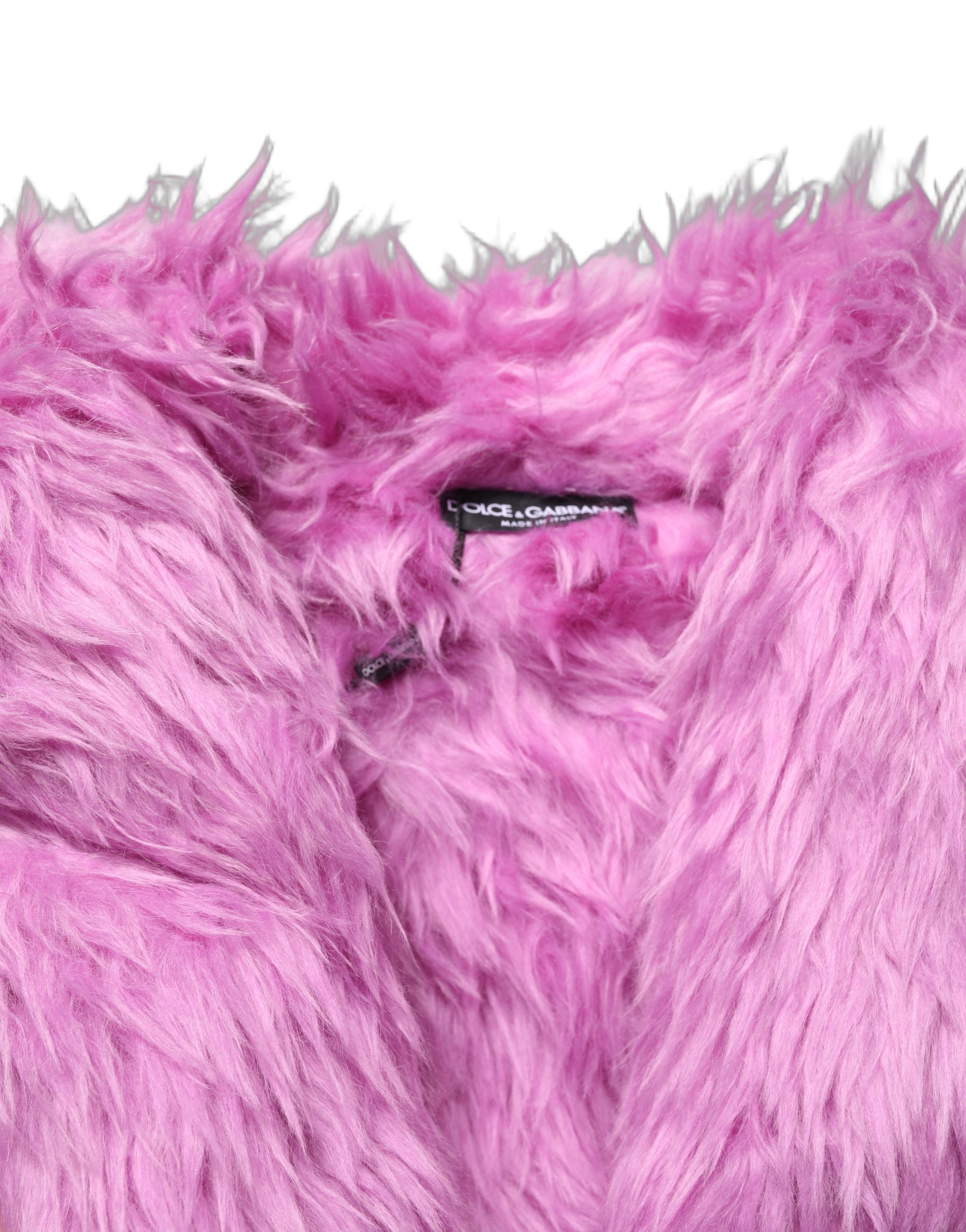 Dolce & Gabbana Pink Plush Faux Fur Gold Leather Coat Jacket - Image 6