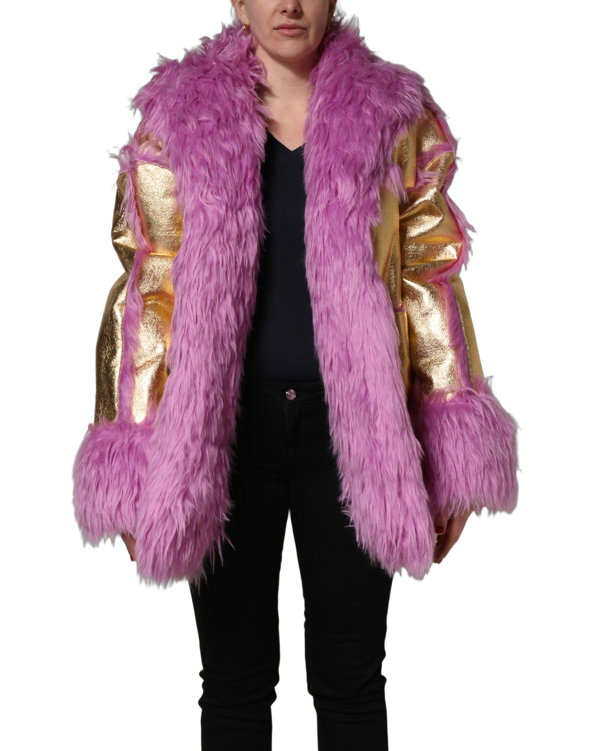 Dolce & Gabbana Pink Plush Faux Fur Gold Leather Coat Jacket - Image 2
