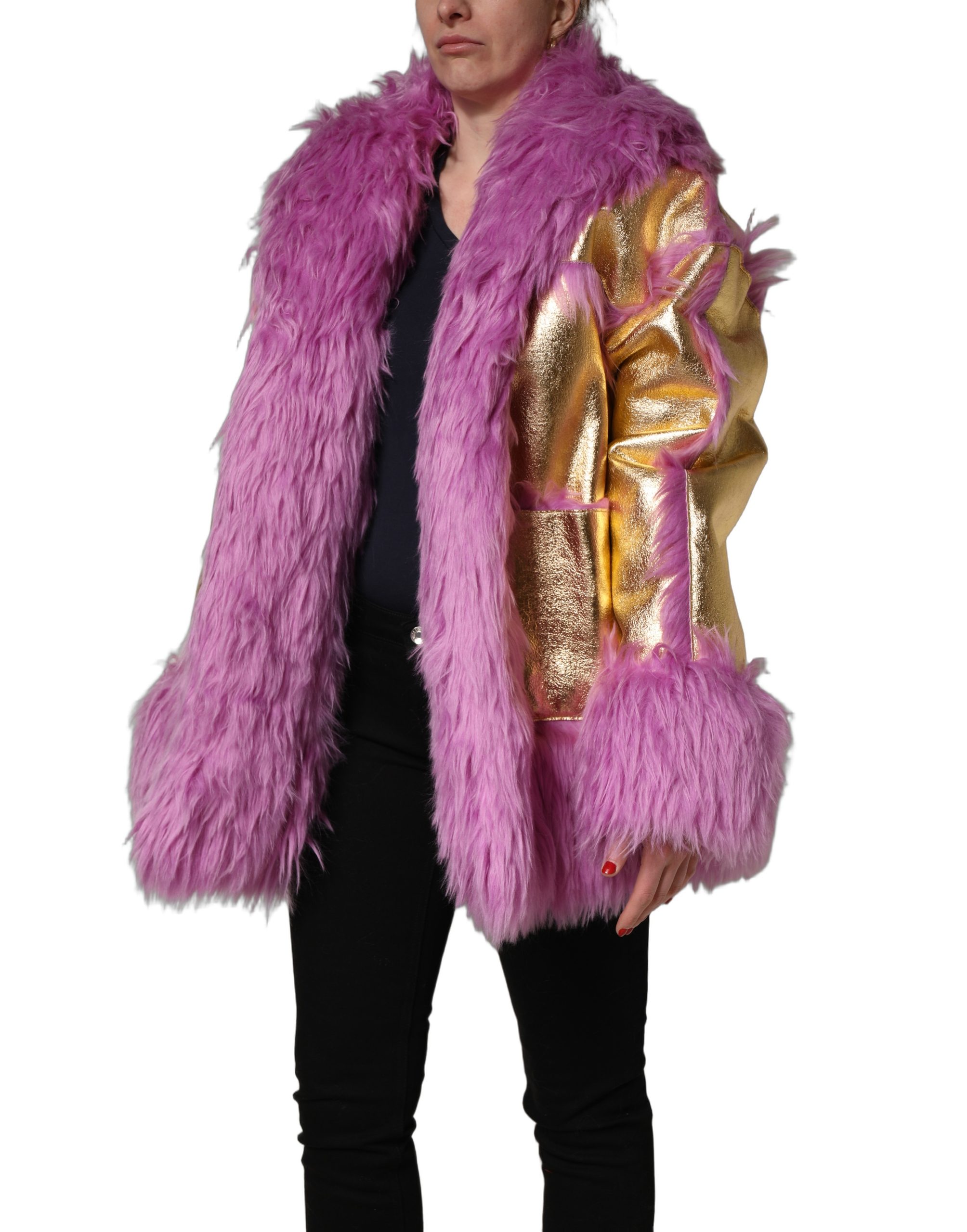 Dolce & Gabbana Pink Plush Faux Fur Gold Leather Coat Jacket - Image 3