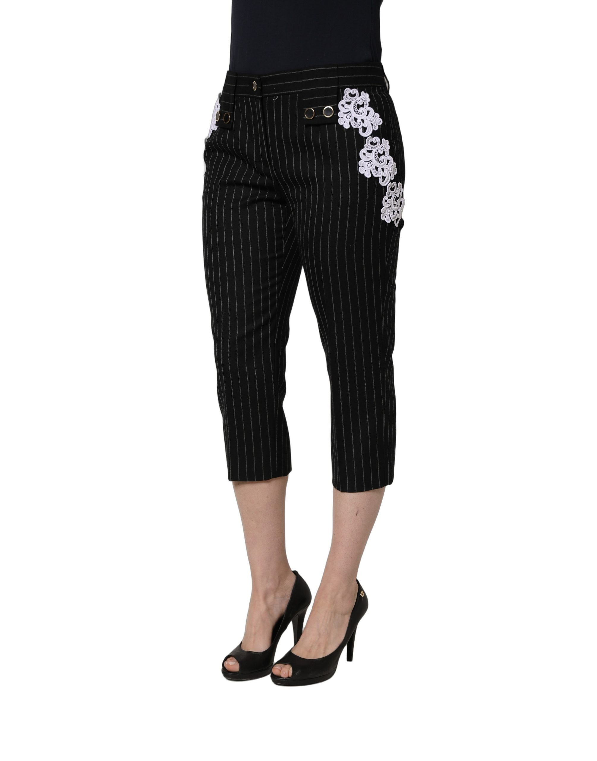 Dolce & Gabbana Black Lace Applique Pinstripe Cropped Pants - Image 3