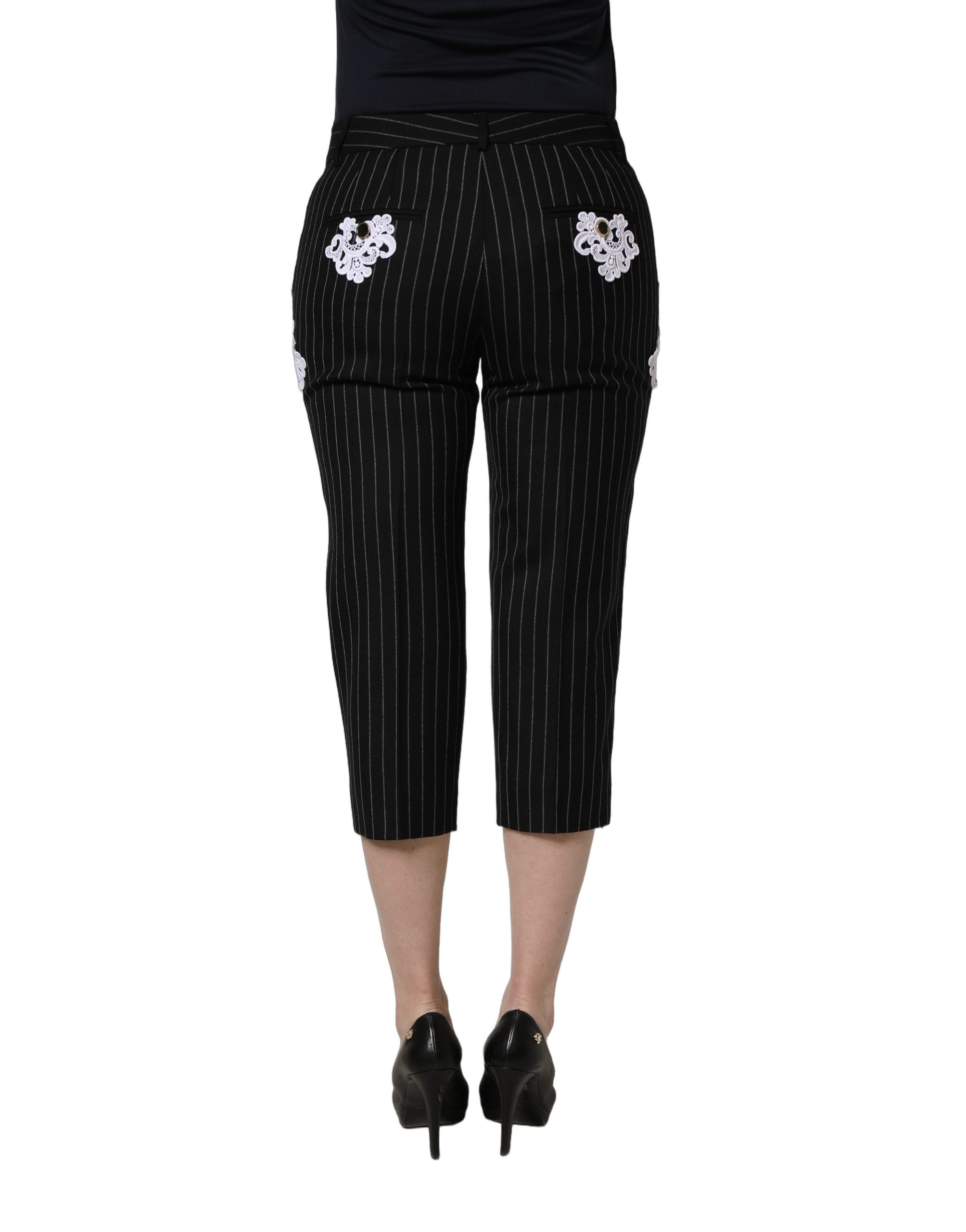 Dolce & Gabbana Black Lace Applique Pinstripe Cropped Pants - Image 4